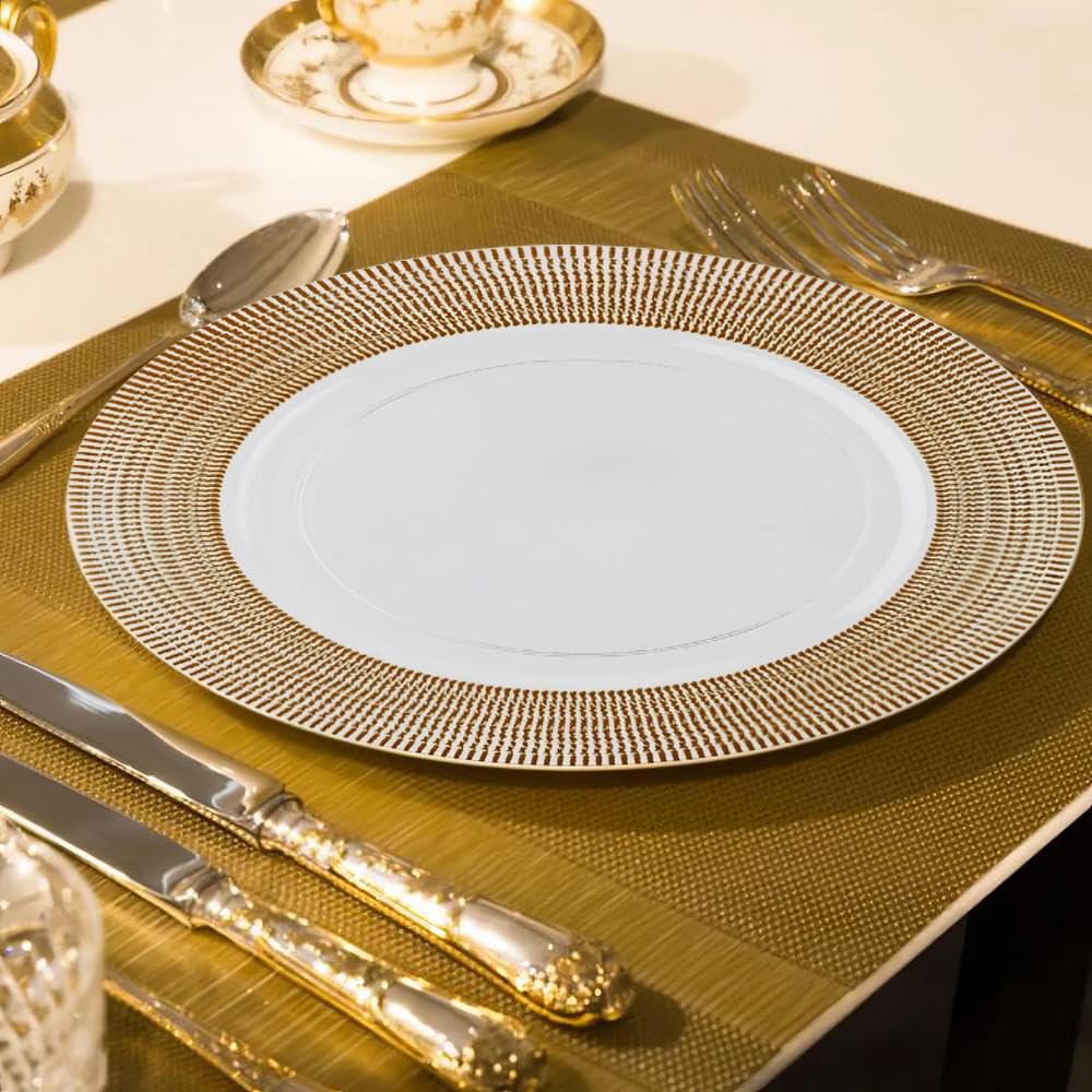 Elegant Round White Plastic Charger Plates with Gold Textured Rim - 13 Inch (Pack of 4) - Premium Disposable Salad Plates for Birthday Party, Wedding, Baby Shower, Themed Events & Everyday Home Use - Durable & Stylish Tableware for Restaurants, Catering & Family Gatherings