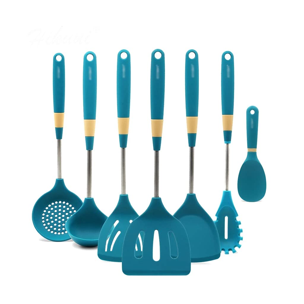 MJWDP 7-Piece Silicone Kitchen Utensil Set - Heat Resistant, Non-Stick Cooking Tools with Stainless Steel Handles - Perfect for Baking, Frying, and Everyday Cooking