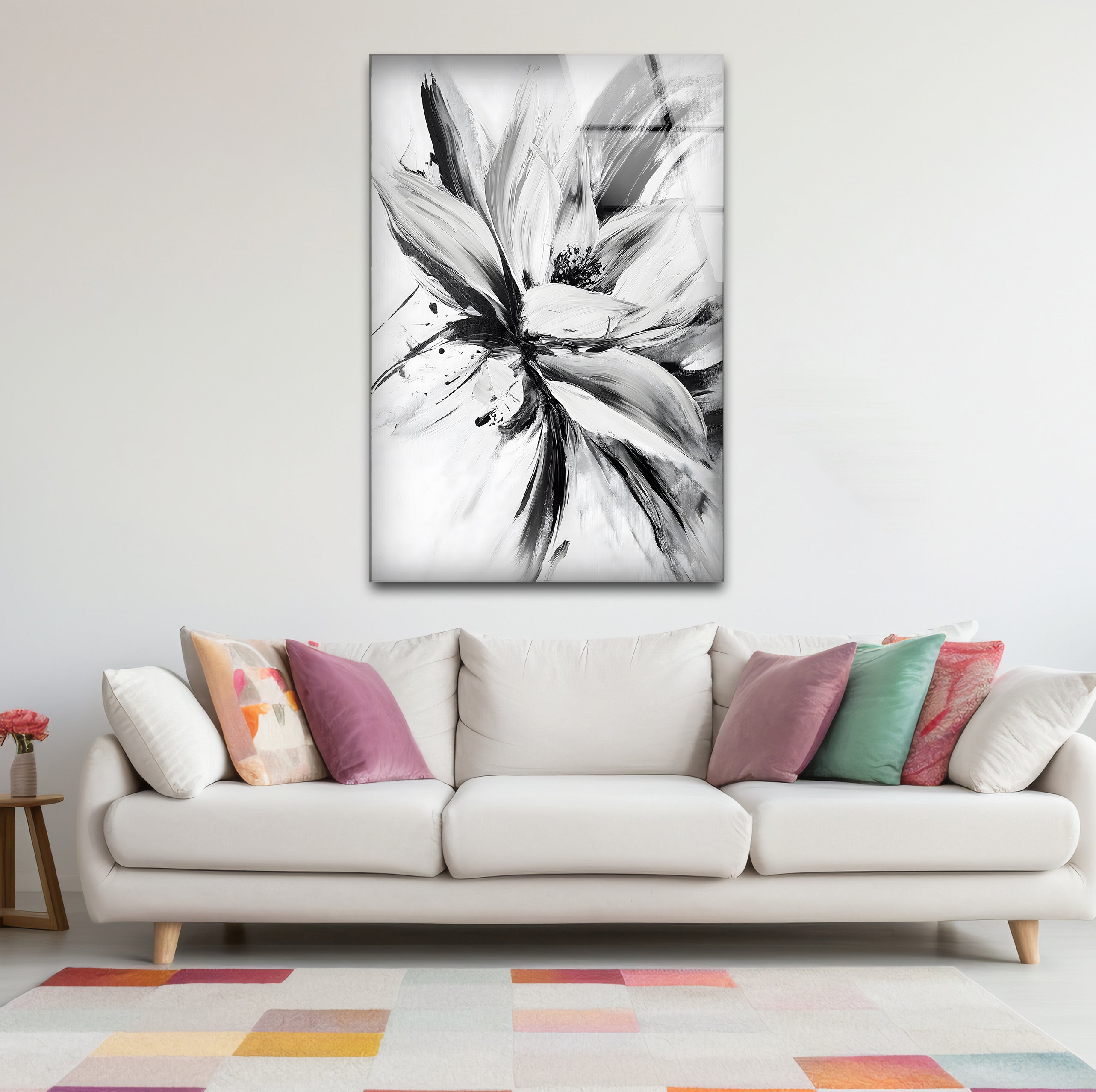Modern Black and White Abstract Floral Glass Wall Art - Elegant Home Decor for Living Room, Bedroom & Office