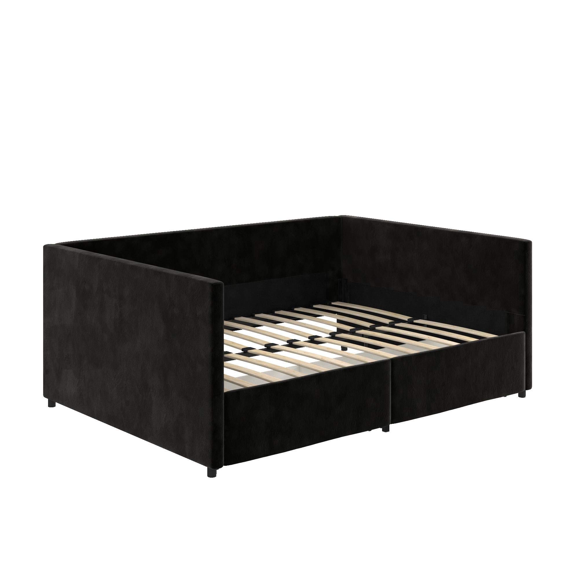 DHP Theo Full Size Daybed with Storage Drawers - Black Velvet Upholstered Sleeper Sofa for Guest Room, Dorm & Small Space Living
