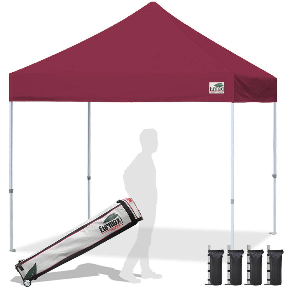 Eurmax USA 10x10ft Heavy Duty Pop Up Canopy Tent - Commercial Grade Instant Outdoor Canopy with Roller Bag & 4 Sand Bags (Burgundy) - Perfect for Backyard Parties, Farmers Markets, Beach Outings & Outdoor Events