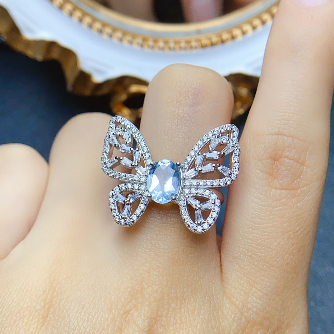 18K Gold Butterfly Aquamarine Crystal Ring for Women - Elegant Vintage Jewelry Gift for Birthday, Anniversary & Valentine's Day | NS2401