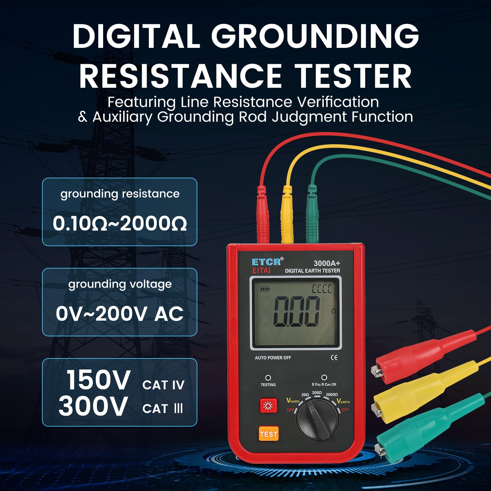EITAI-ETCR3000A+ Digital Ground Resistance Tester 0-2kΩ, 0-200V - Professional Earth Ground Rod Resistance Meter for Electrical Safety Testing - Perfect for Electricians, Engineers & Industrial Maintenance