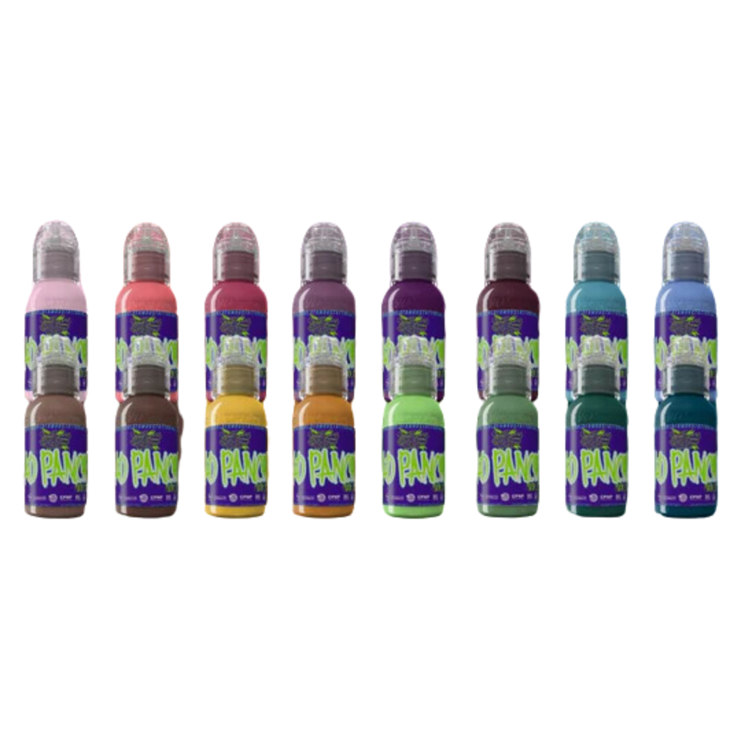 WORLD FAMOUS TATTOO INK - 16 Bottle A.D. Pancho ProTeam Color Set for Professional Tattoo Artists | Vibrant, Long-Lasting Pigments for Sleeves, Portraits & Body Art