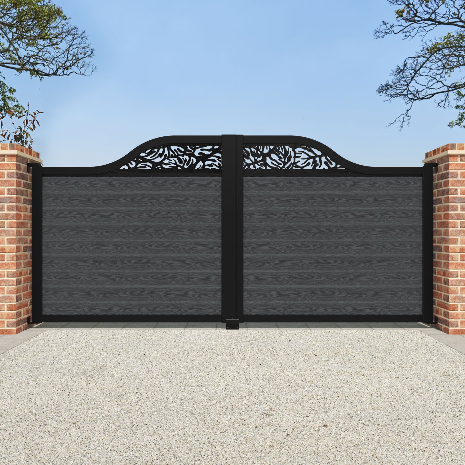 Classic Dark Grey Botanic Curved Top Driveway Gate with Screen - Elegant & Durable for Home, Garden, and Estate Security