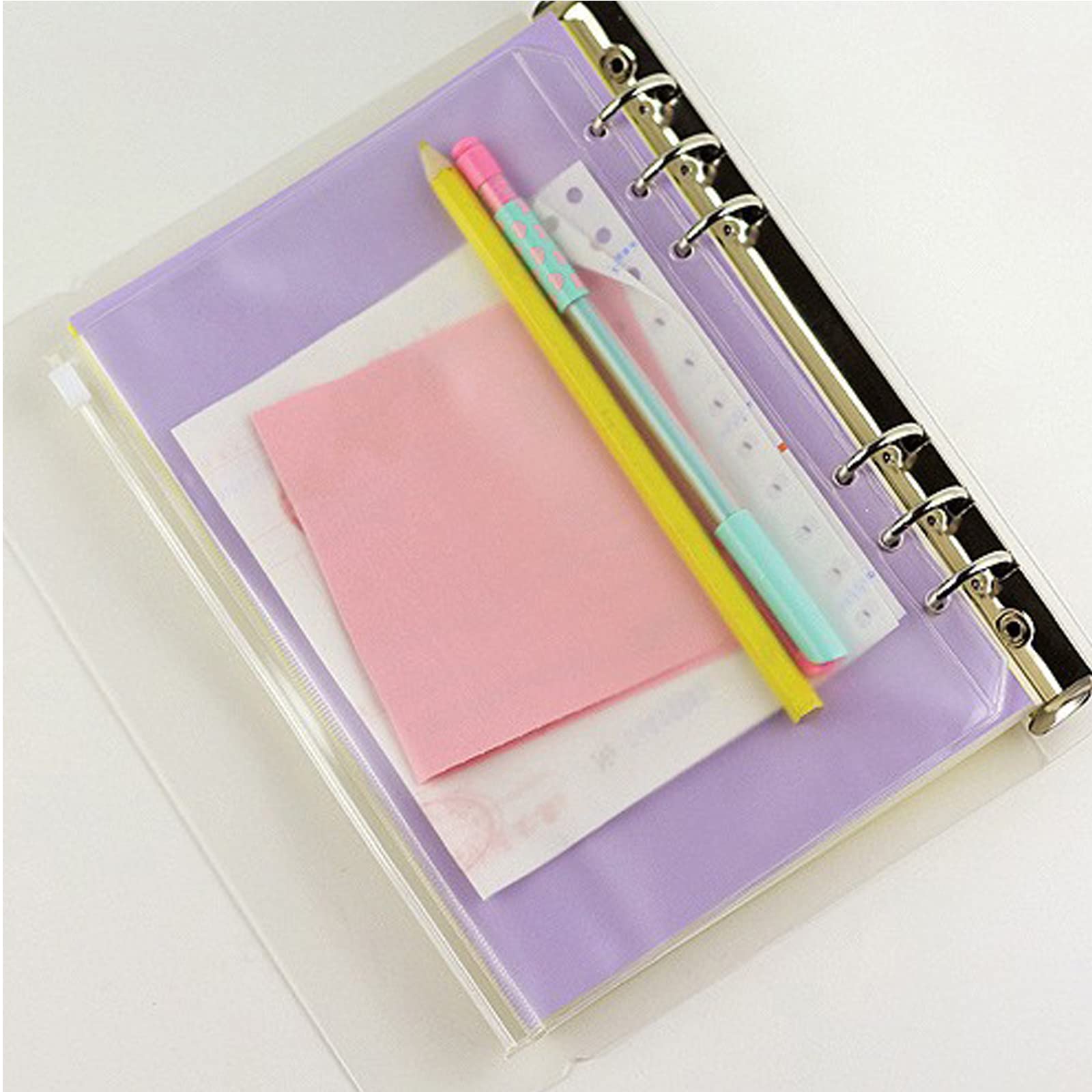 12PCS A5 Size Zipper Binder Pockets - Clear 6-Hole Waterproof PVC Loose Leaf Folders with Lid for Home, Office & School Supplies - Perfect for Organizing Documents, Notes and Stationery