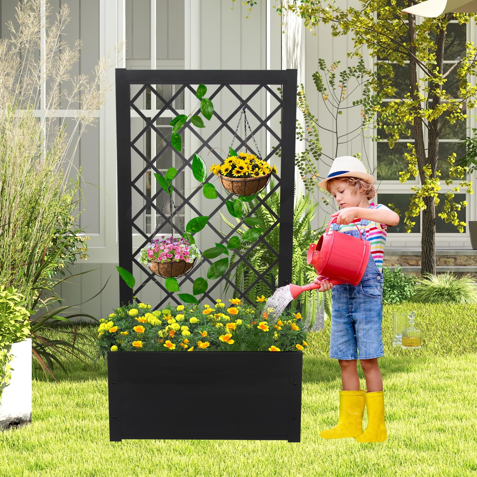 kinbor Metal Raised Garden Bed with Trellis - Set of 2 Black Outdoor Planter Boxes for Climbing Plants, Flowers, Vegetables | Perfect for Patio, Balcony & Backyard Gardening