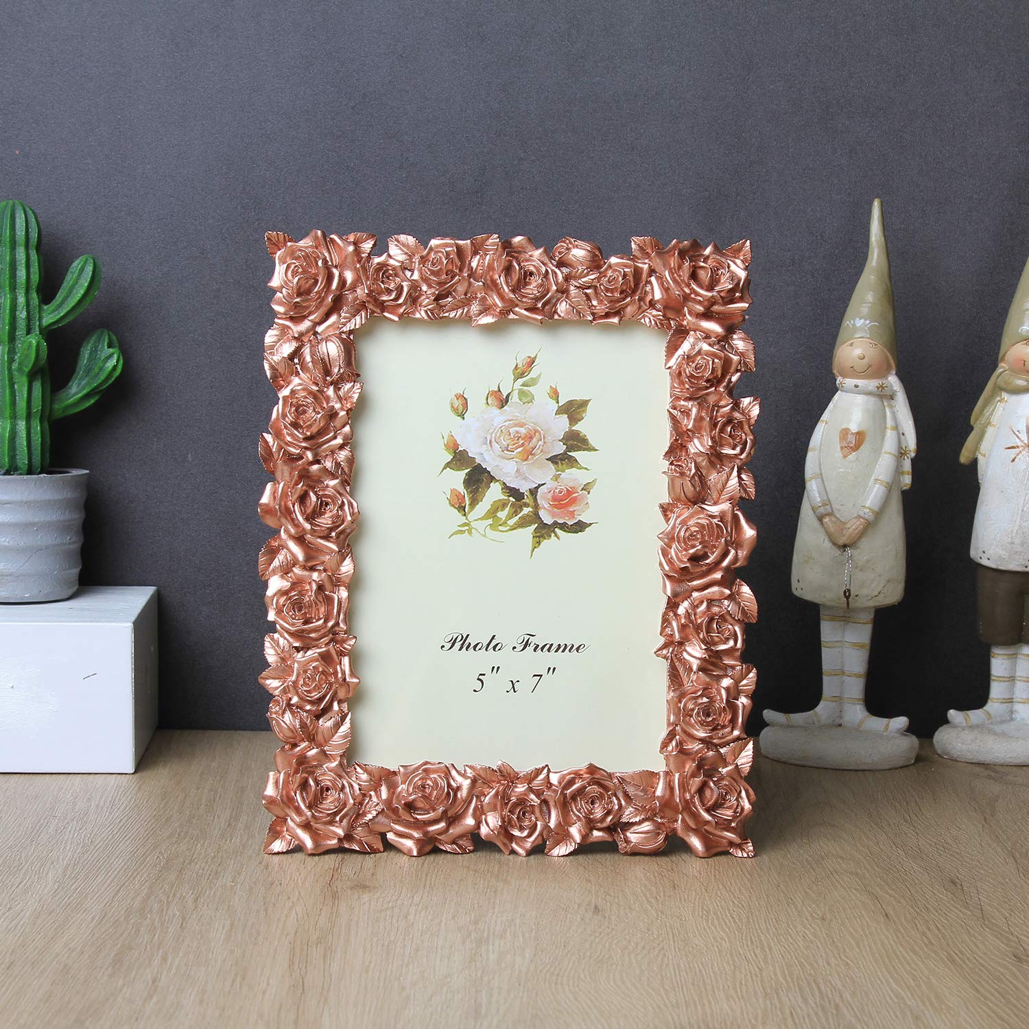 5x7 Inch Rose Gold Resin Picture Frame with Rose Flower Design & HD Plexiglass - Elegant Tabletop Photo Display for Home, Office, Wedding Decor & Gift Giving