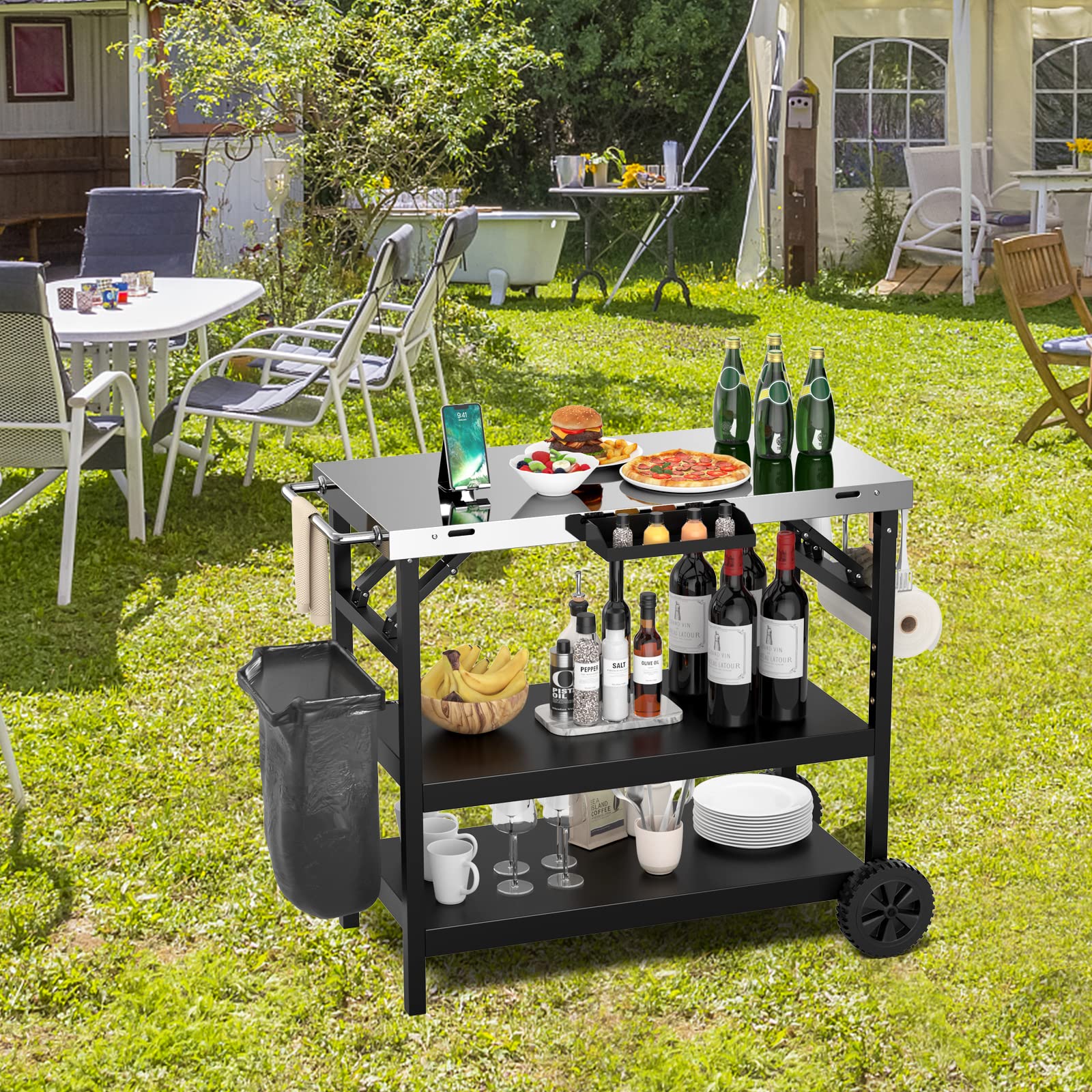 GOFLAME 3-Tier Outdoor Grill Cart with Adjustable Shelves, Stainless Steel Top & 2 Wheels – Heavy Duty BBQ Prep Table for Backyard, Patio & Camping Cooking