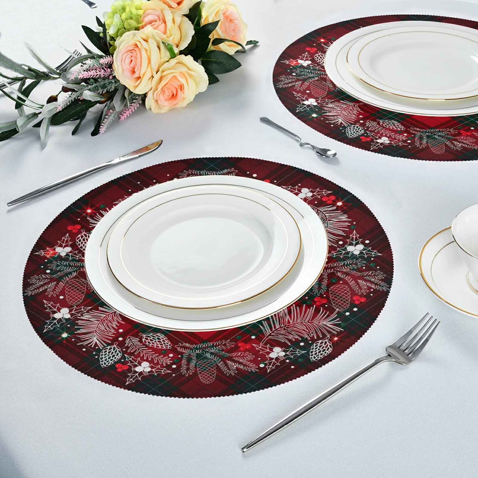 Kcldeci Christmas Round Placemats Set of 4 - 15 Inch Buffalo Check Plaid Wreath Design, Heat Resistant & Easy Care Holiday Dining Table Mats for Christmas Dinner, Party Decor & Festive Home Decor