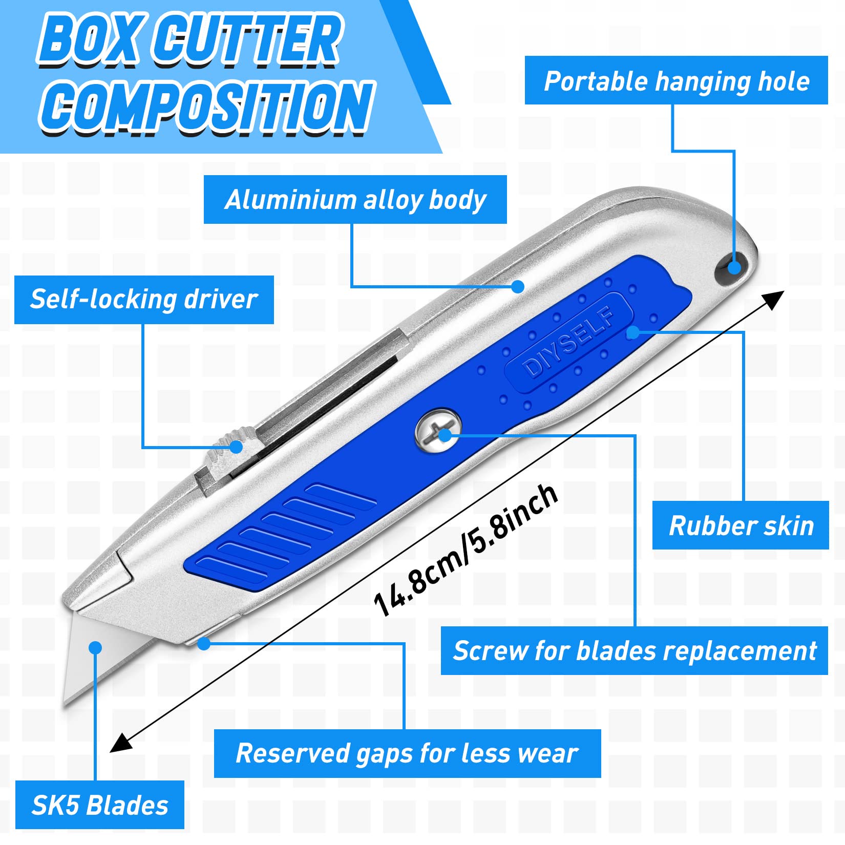 DIYSELF 2 Pack Heavy Duty Retractable Utility Knife - Sharp Box Cutter for Carpet, Cardboard, Paper Cutting - Razor Knife with Safety Lock - Perfect for Warehouse, Office, Home, and Craft Projects (Blue)