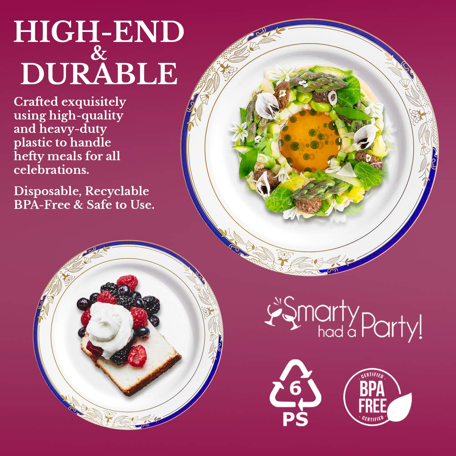 Elegant Disposable Plastic Dinnerware Sets for Weddings & Special Events - Heavy Duty Fancy Design Plates (120-Piece Combo Set, White with Blue & Gold) - Perfect for Wedding Receptions, Birthday Parties, and Formal Gatherings