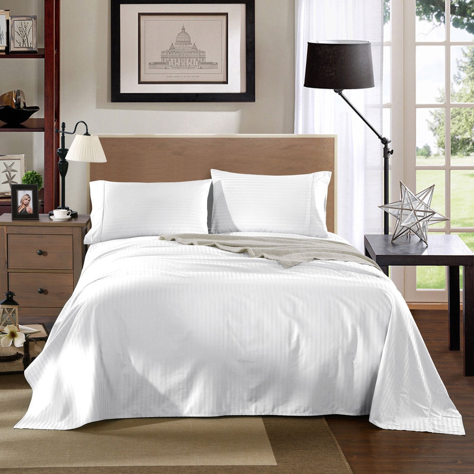 Kensington 1200 Thread Count 100% Egyptian Cotton Sheet Set - Luxury Hotel Grade Stripe White Sheets for Double Bed | Ultra Soft Breathable Bedding for Home, Hotel & Guest Room Use