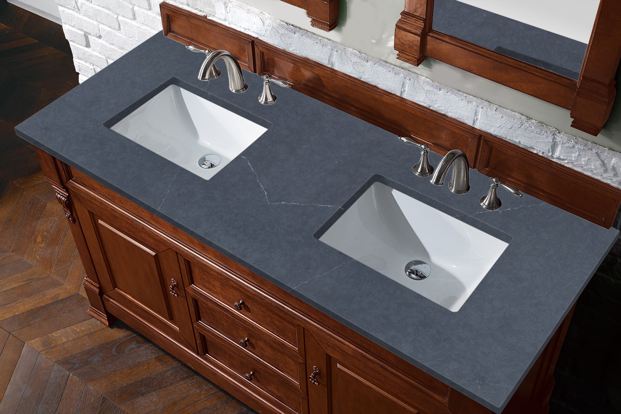 Brookfield 60-Inch Double Vanity with Warm Cherry Finish & 3CM Charcoal Soapstone Quartz Top - Perfect for Master Bathroom Renovation and Luxury Home Upgrade