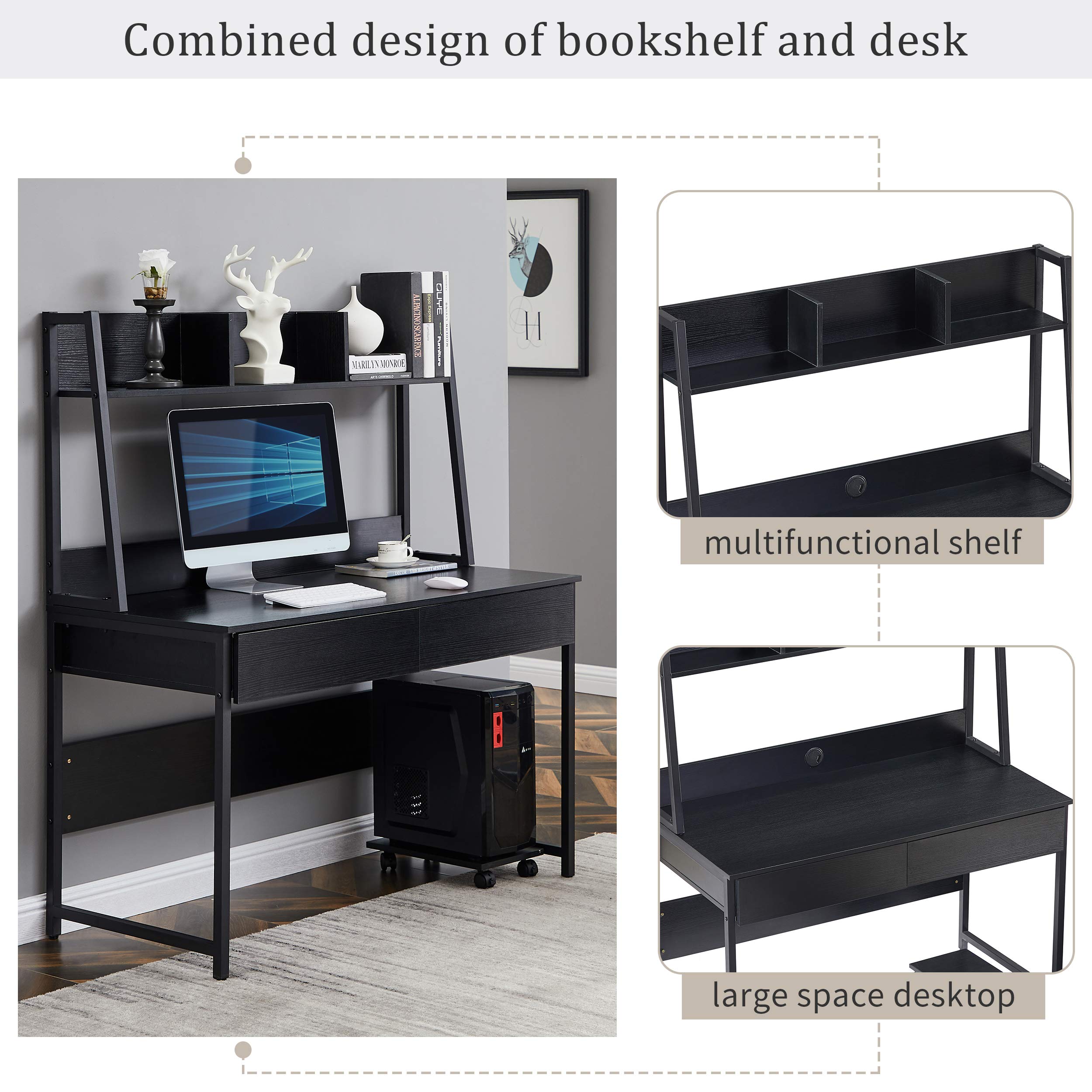Black Home Office Computer Desk with Hutch & Bookshelf - 47.24