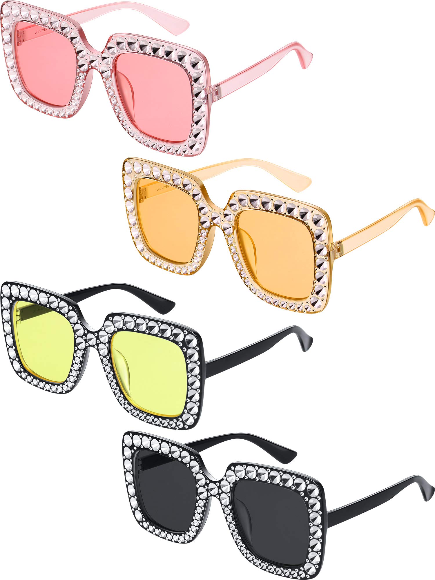 Frienda Oversize Square Glitter Sunglasses - Retro Thick Frame Sparkly Shades for Women (Light Gray/Clear Pink/Clear Tawny/Light Yellow) | Perfect for Beach, Pool Party & Summer Fashion Accessories