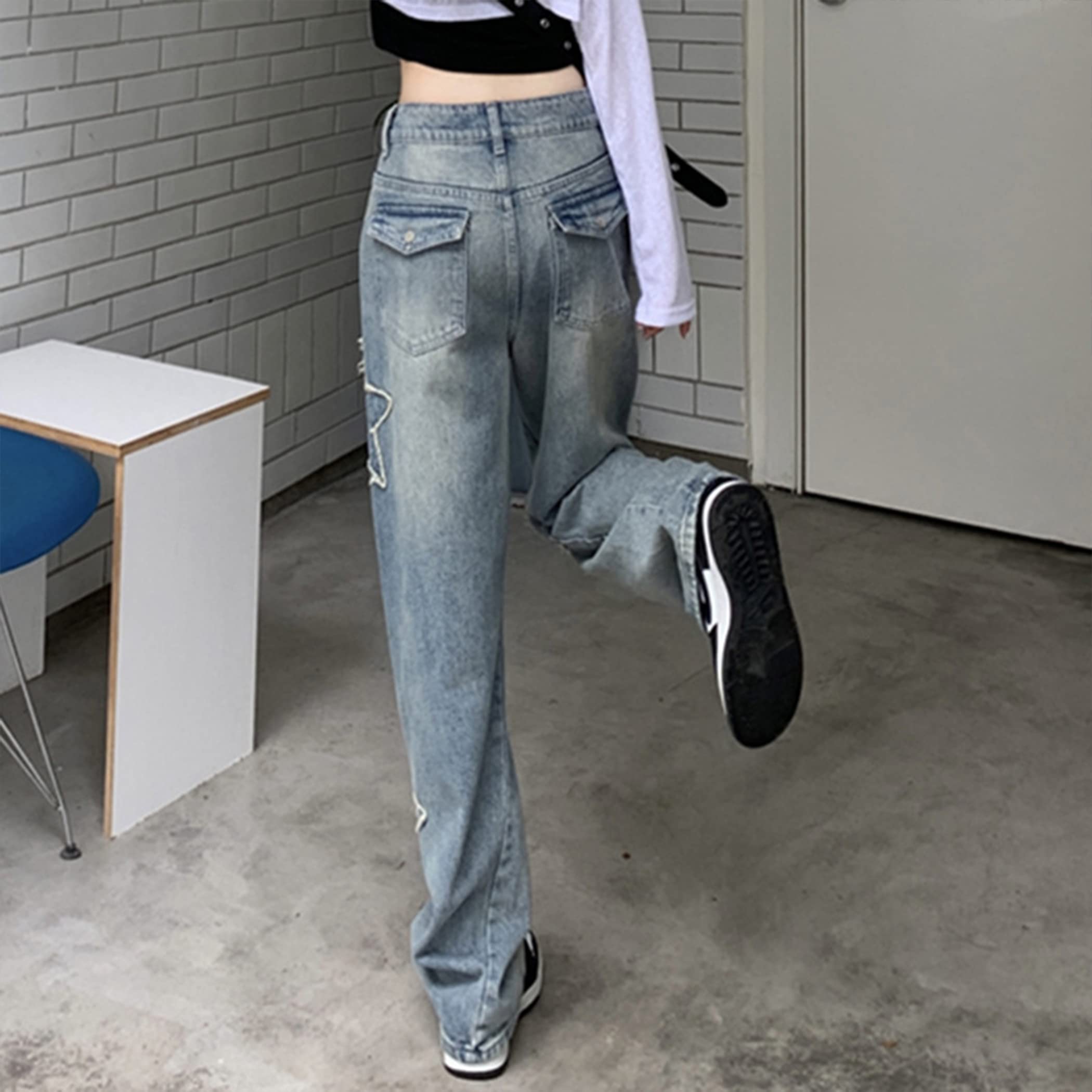 Y2K Emo Star Cargo Jeans for Women - Trendy Distressed Denim Pants with Multiple Pockets | Perfect for Teens, Streetwear Fashion & Casual Outfits