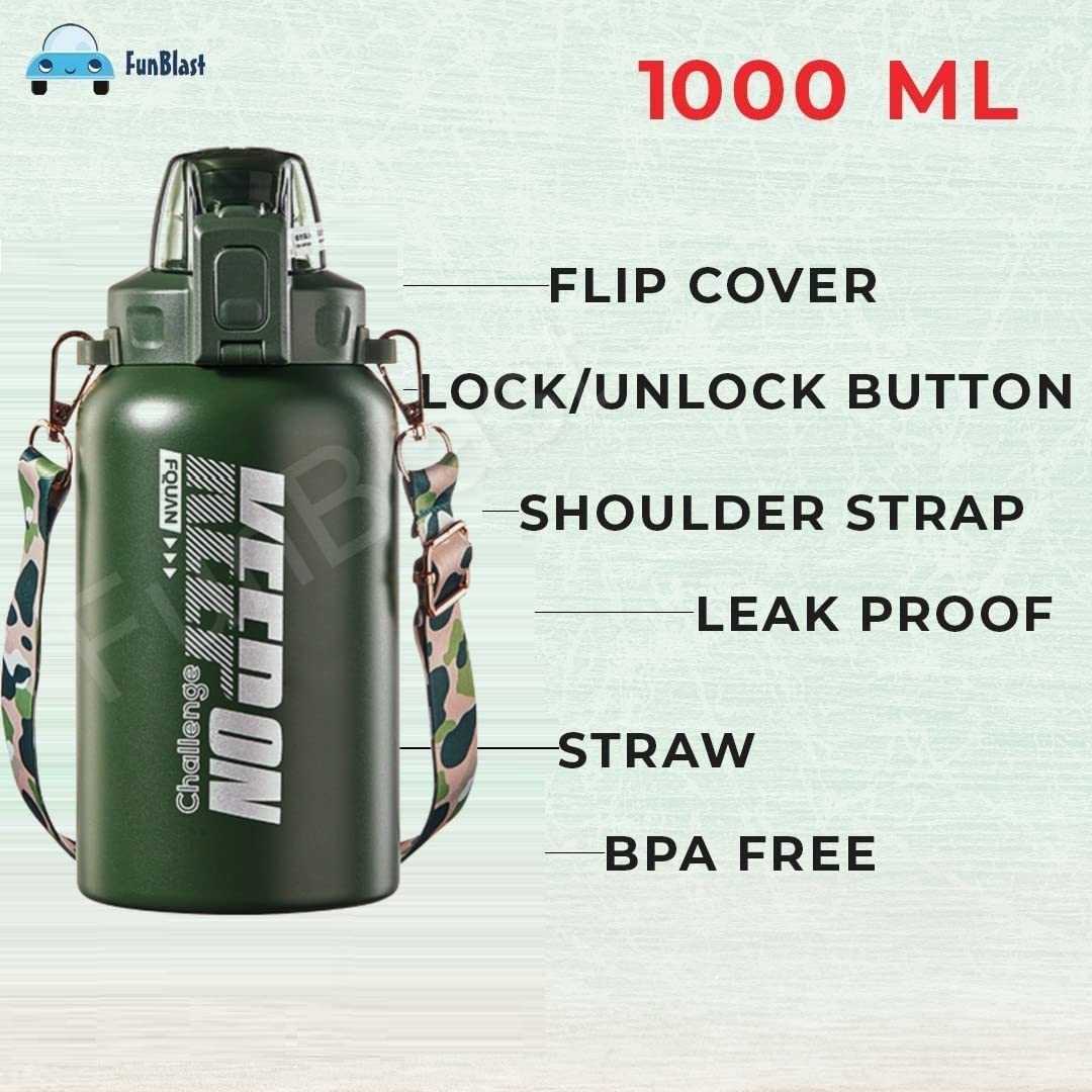 FunBlast 1000ML Insulated Stainless Steel Water Bottle - Hot & Cold Thermos Flask, BPA-Free 304 Stainless Steel Gallon Bottle for Gym, Hiking, Office & Outdoor Activities (Green)