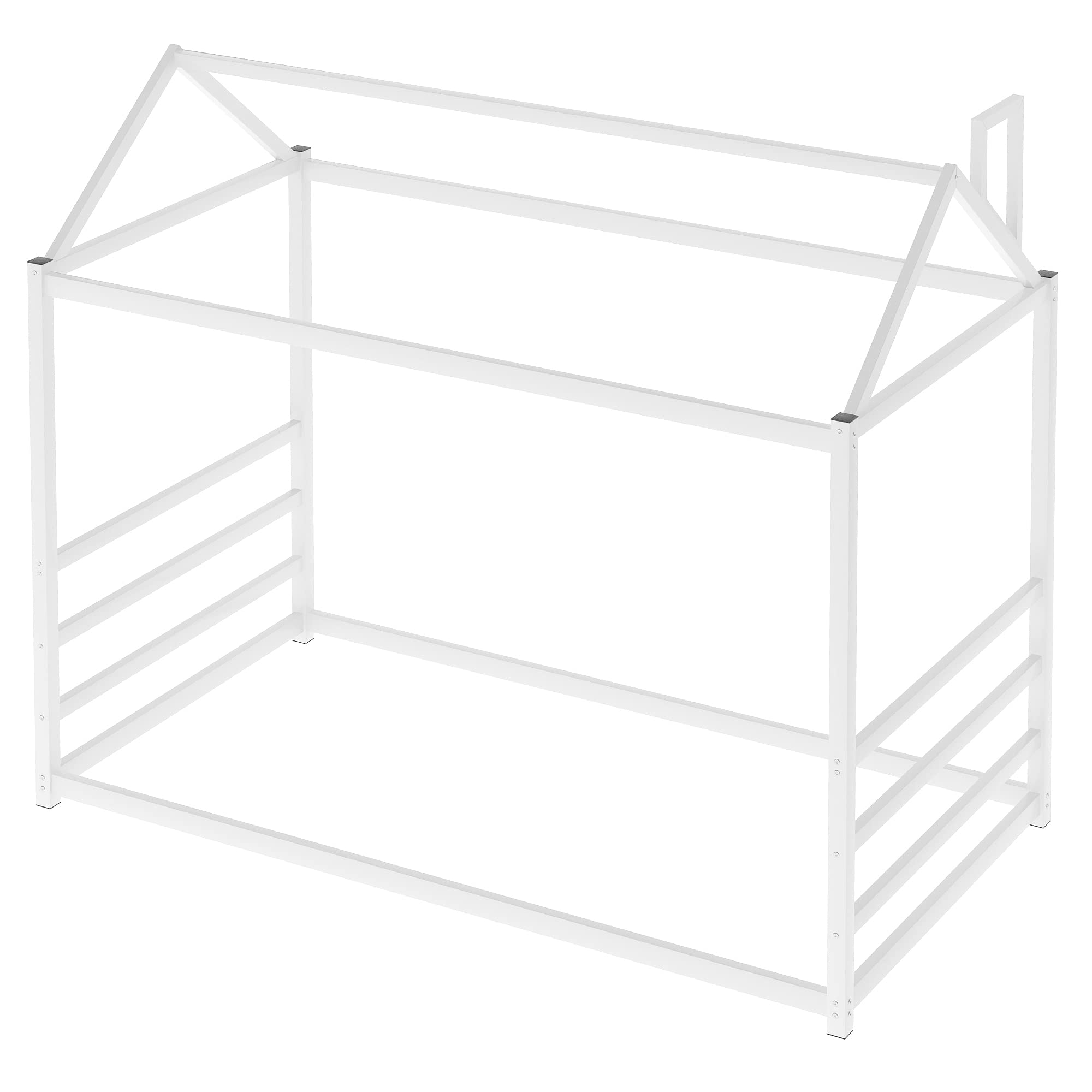 Twin Size House Platform Bed with Roof & Chimney Design - Low Profile Metal Bed Frame for Bedroom - Easy Assembly (White) | Kids Room Decor, Playful Themed Bed for Children's Bedroom