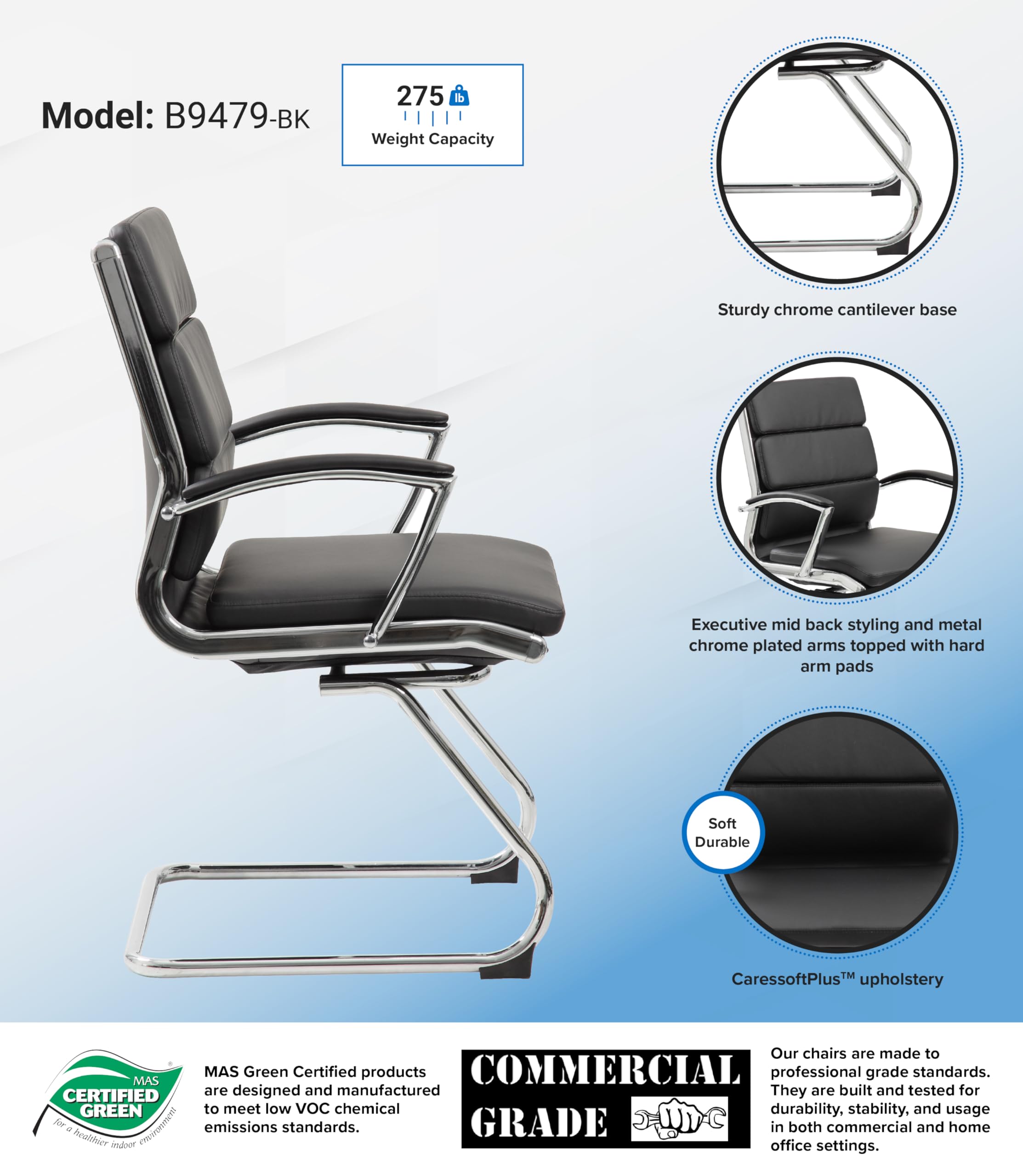 Boss Executive Mid Back CaressoftPlus Office Chair - Black with Chrome Metal Finish for Home & Business Workspaces