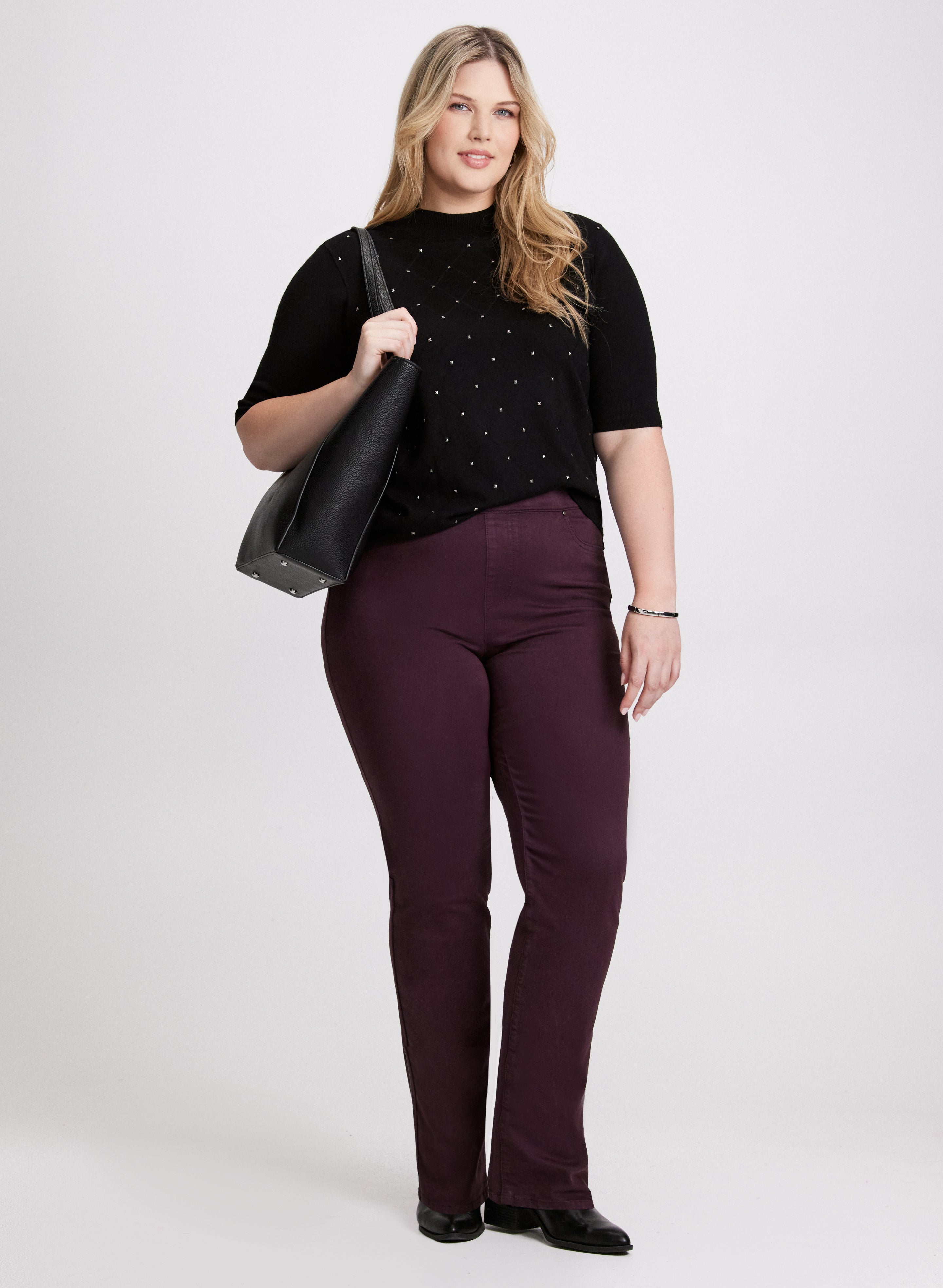 Argyle Stitch Mock Neck Sweater & Pull On Straight Leg Jeans Set - Women's Casual Winter Outfit for Work, Date Night and Holiday Gatherings