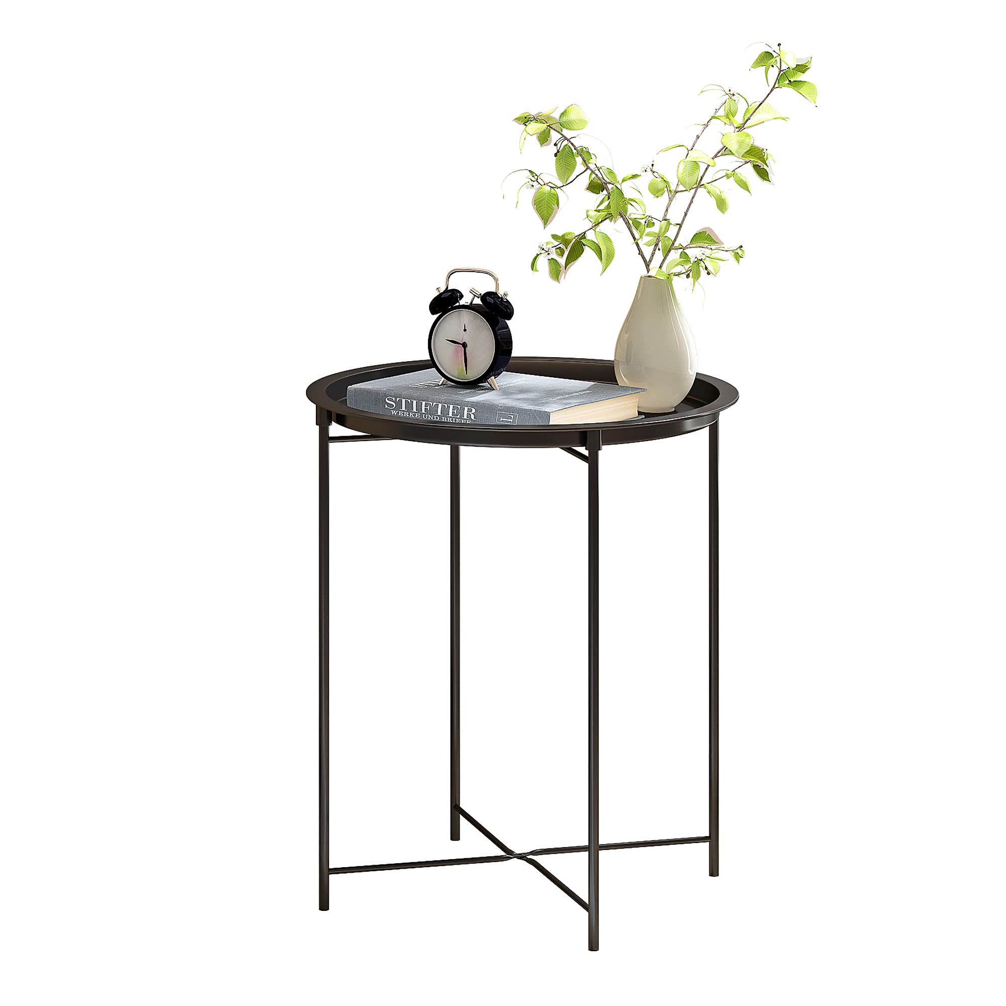 HOME BI Small Round End Table - All Metal Frame Accent Side Table & Nightstand with Removable Tray Top | Folding Mini Coffee Table for Living Room, Bedroom & Dorm | No Assembly Required, Black | Perfect for Small Spaces, Reading Nook & Apartment Decor