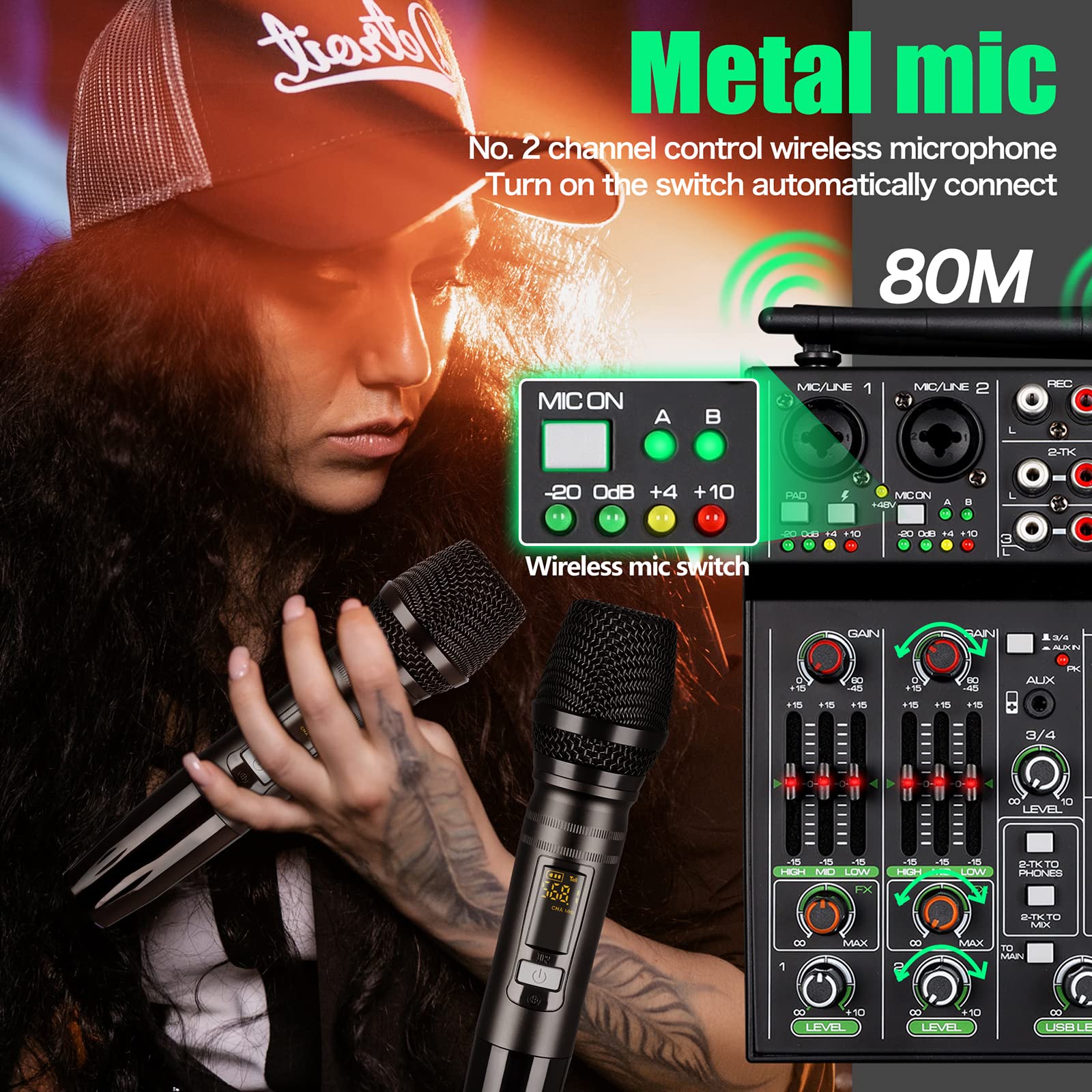 4 Channel Professional Audio Mixer with Dual Wireless Mic, Bluetooth, USB & 48V Phantom Power - Perfect for DJ Mixing, Karaoke Parties, Home Studio Recording & Live Performances
