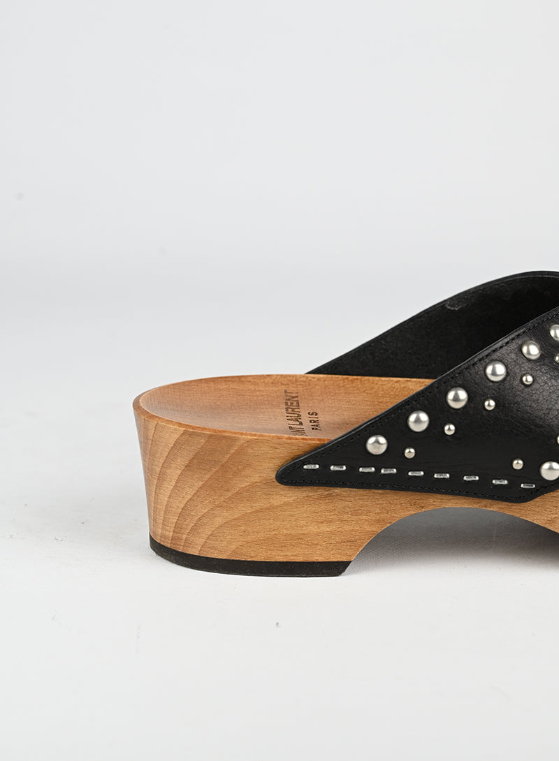 Saint Laurent Black Leather Wooden Zoccoli Shoes Size 39 - Luxury Italian Designer Loafers for Women | Perfect for Office, Parties & Casual Wear