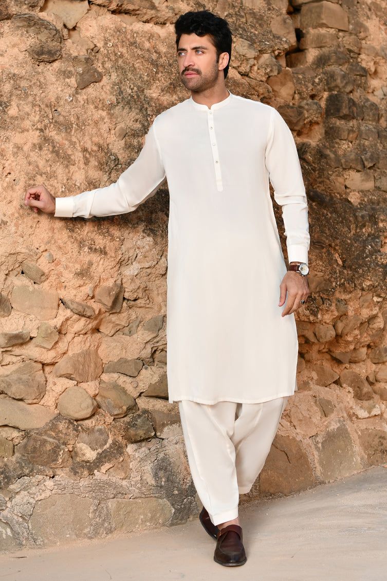 Premium Blended Off White Kameez Shalwar by J. Junaid Jamshed - Traditional Pakistani Suit for Men - Perfect for Eid, Weddings & Special Occasions