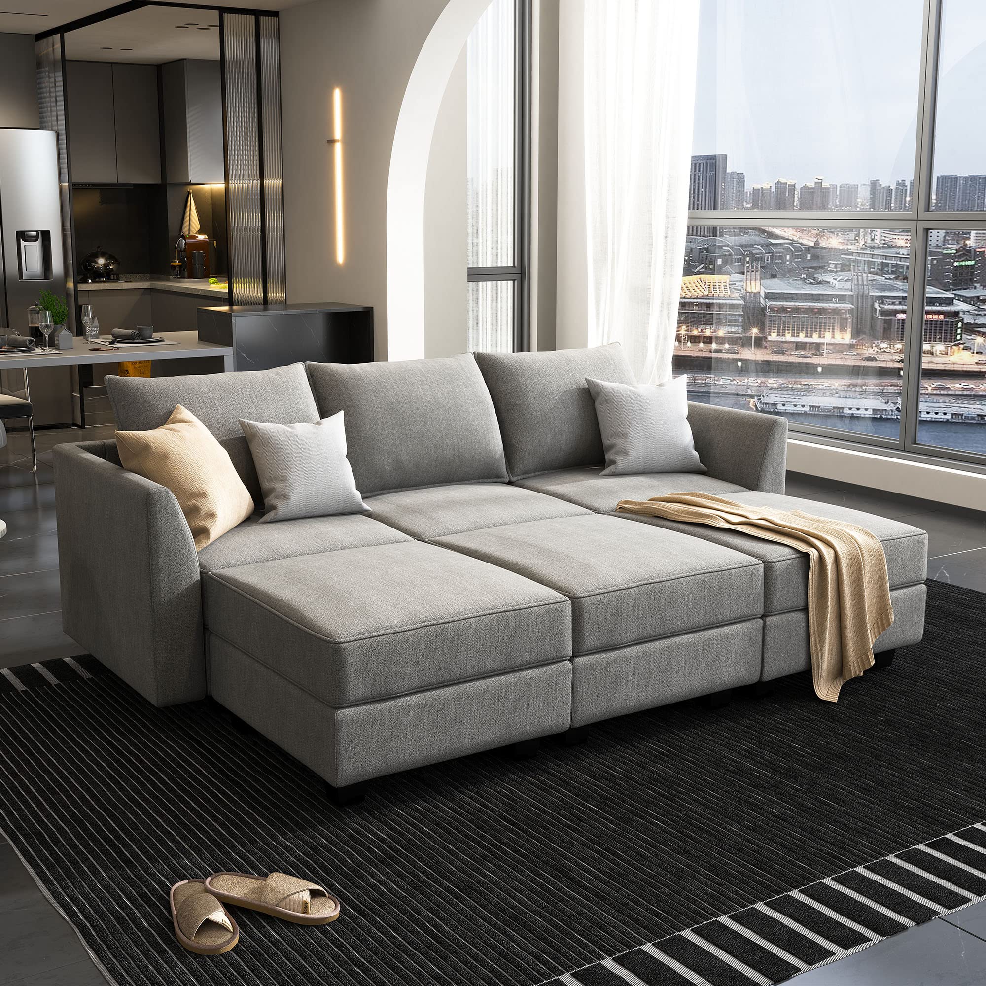 HONBAY 6-Piece Modular Sectional Sofa Bed with Storage | Reversible Sleeper Couch for Living Room | Grey | Perfect for Small Spaces, Guest Rooms & Apartments