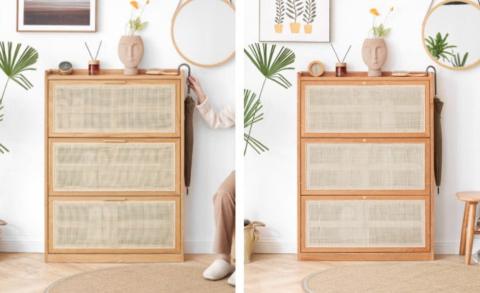 Oak Solid Wood Ultra Thin Flap Door Rattan Shoe Cabinet - Space Saving Entryway Storage Organizer for Hallway, Closet & Mudroom