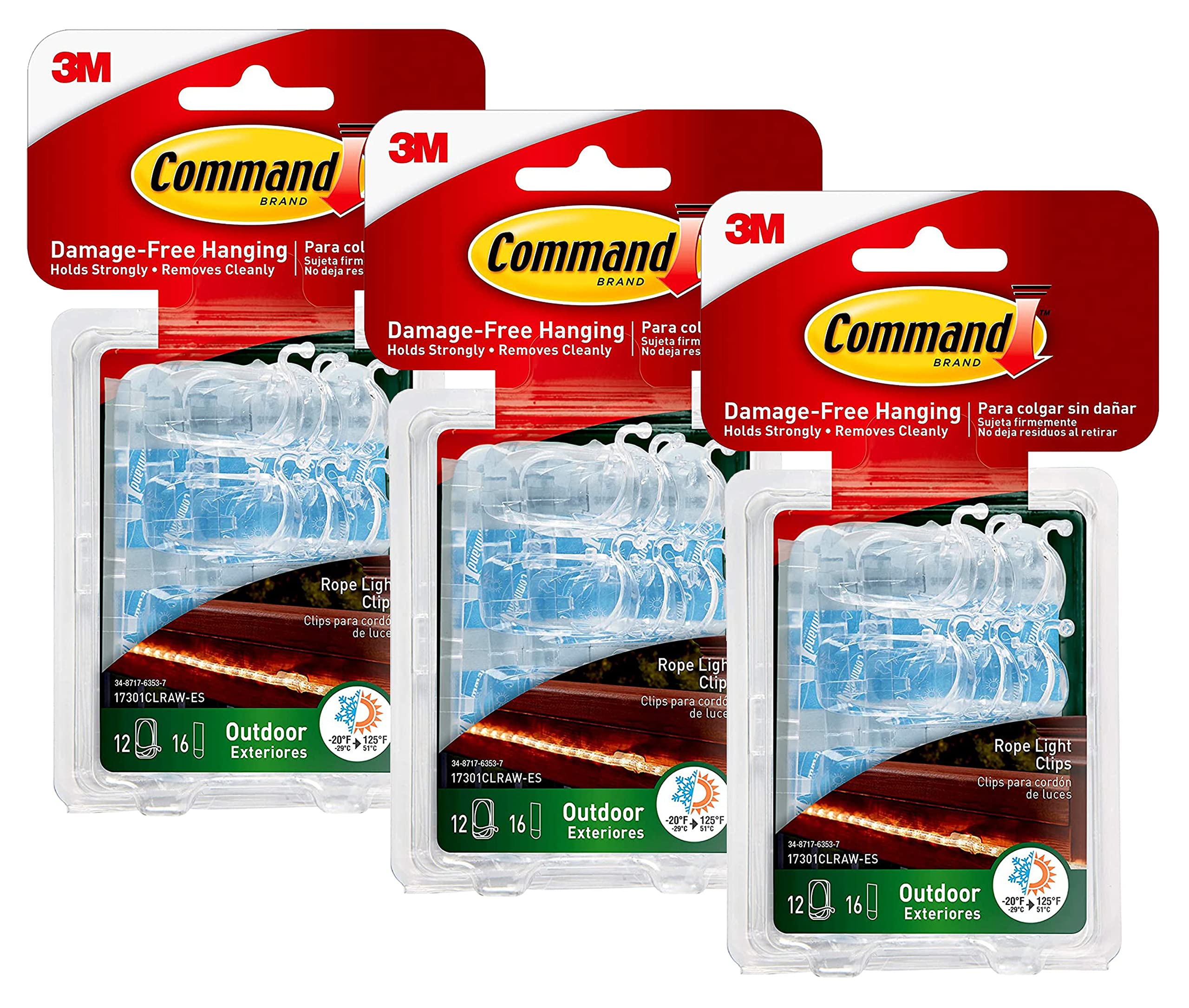Command Outdoor Rope Light Clips with Foam Strips - Clear 3 Pack (36 Clips Total) - Damage-Free Hanging for Christmas Lights, Patio & Garden Decor - 17301CLRAW-ES