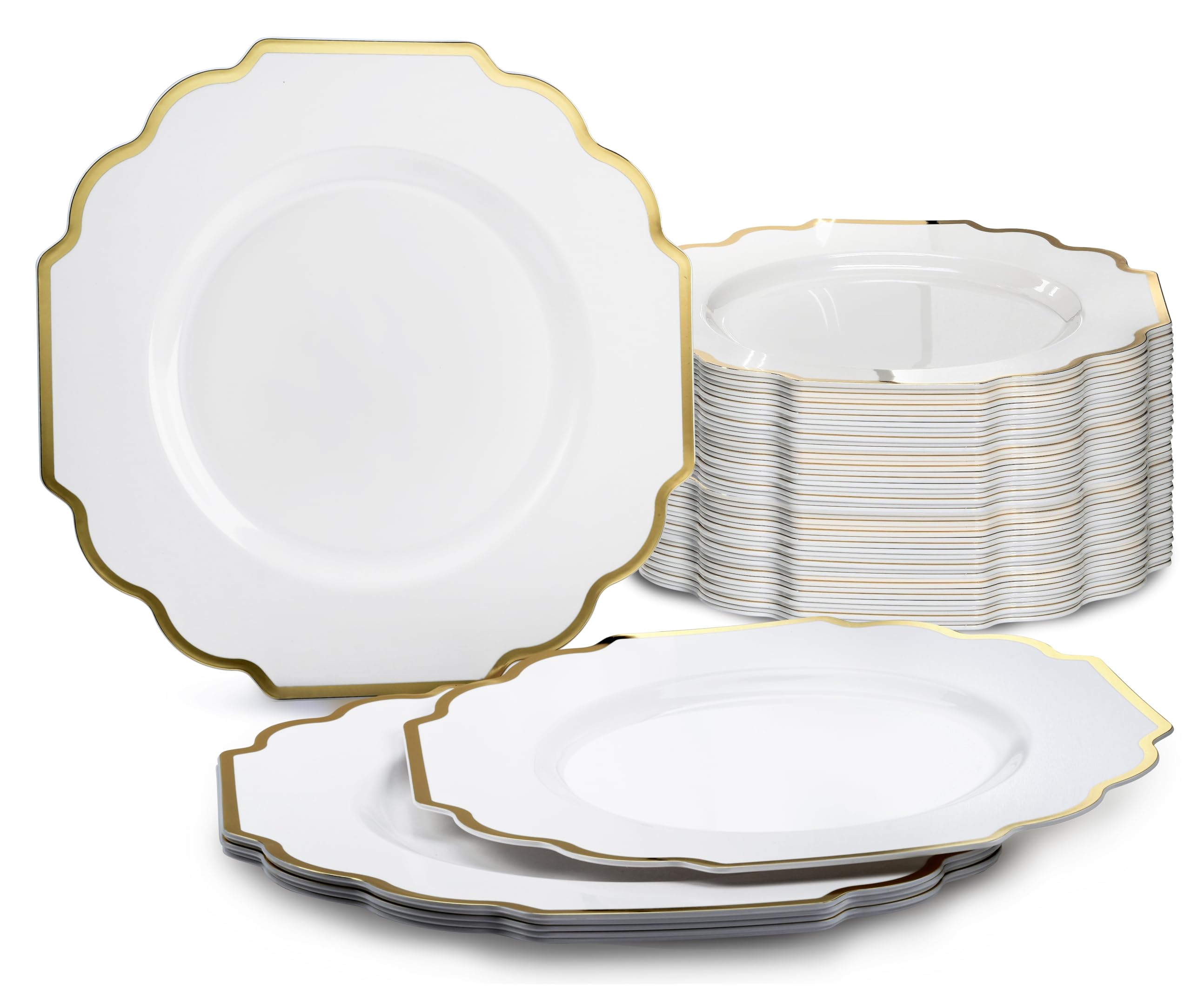120 Pack Heavyweight Disposable Plastic Plates - 8'' Elegant White & Gold Appetizer/Dessert Plates for Weddings, Parties & Special Occasions - Perfect for Catering, Birthday Celebrations & Formal Events