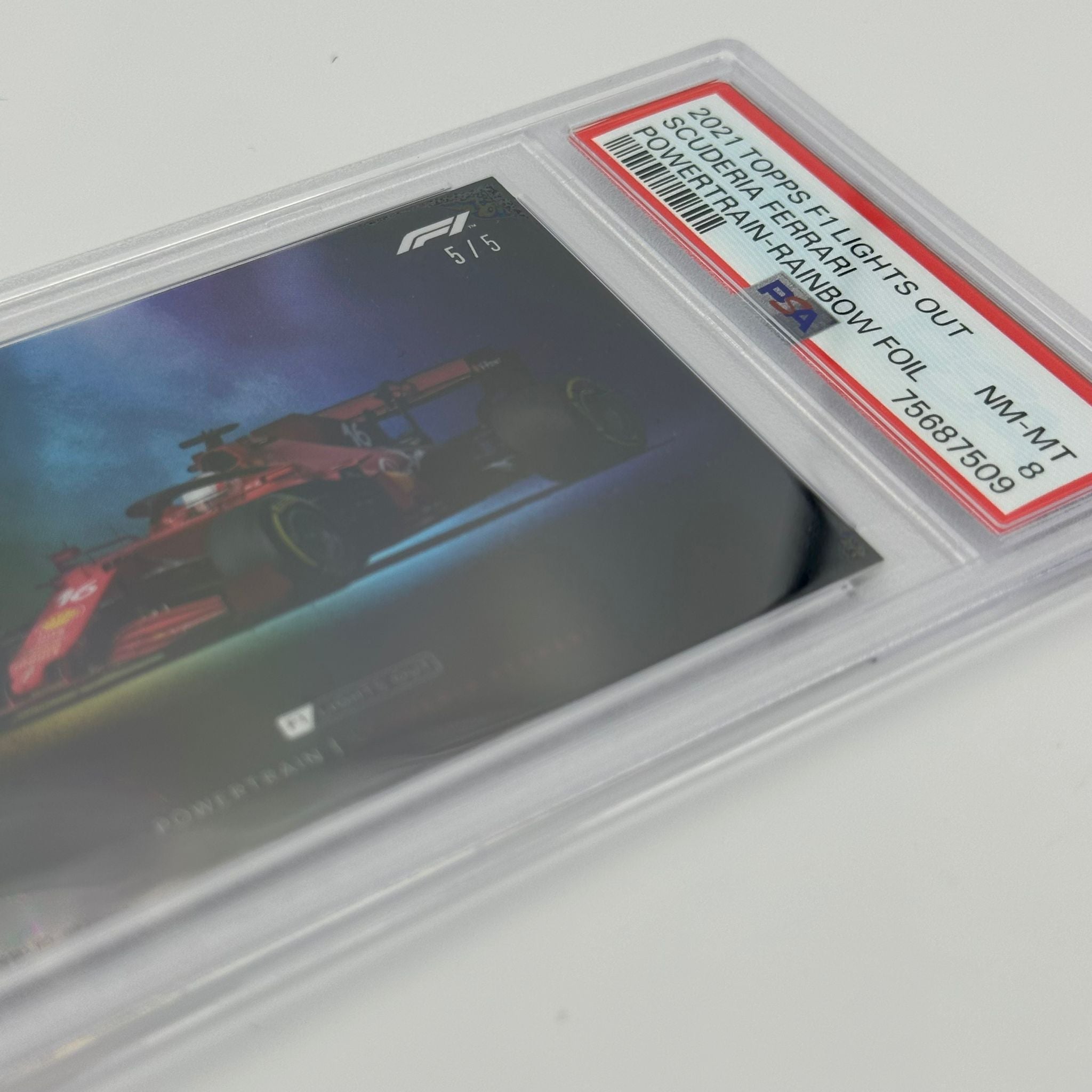 PSA 8 Graded 5/5 Ferrari Powertrain Rainbow Foil Trading Card - Perfect for Collectors, Investors & Racing Fans Display