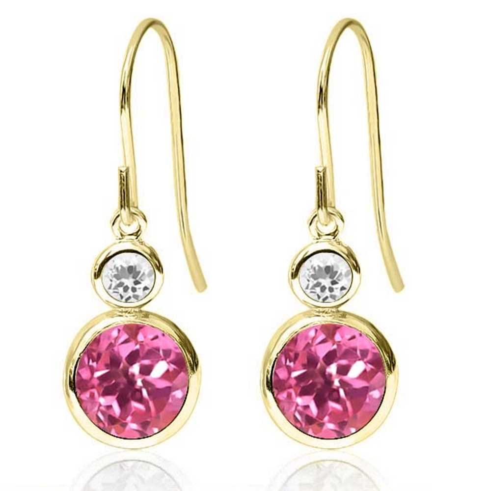 2.26Ct Round Pink Mystic Topaz & White Sapphire 14K Yellow Gold Dangle Earrings for Women | Elegant Gemstone Jewelry Gift for Birthday, Anniversary & Special Occasions