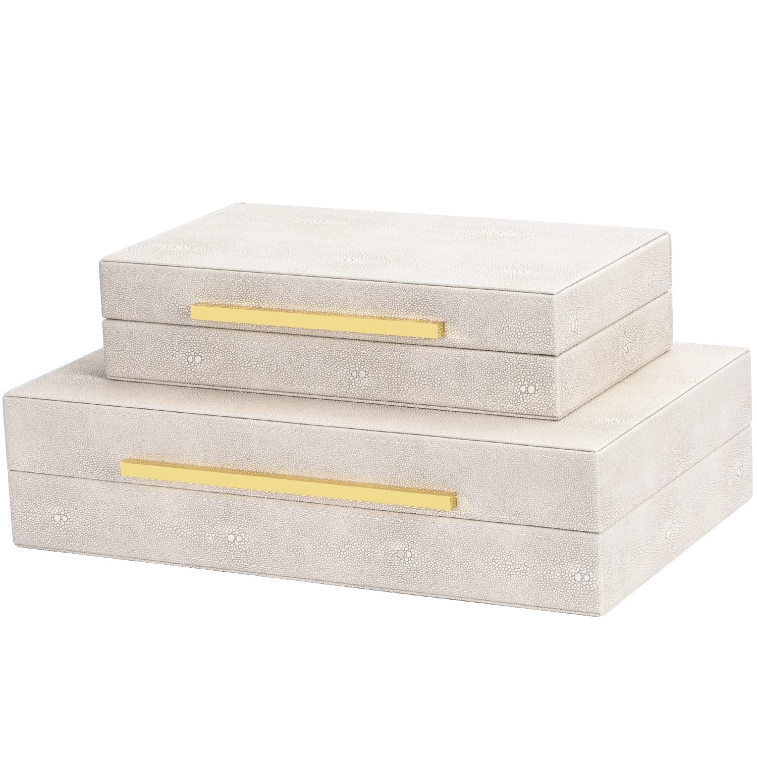Ivory Shagreen Faux Leather Decorative Storage Box Set of 2 - Large Stackable Jewelry Organizer with Lids for Home Decor, Bedroom & Bathroom Organization