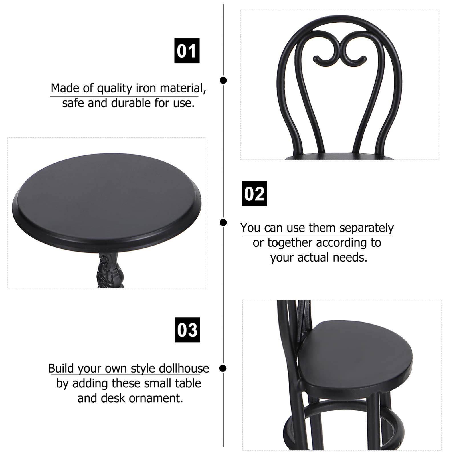 1:12 Scale Miniature Iron Dining Table & Chair Set - 3pcs Black Coffee Table Furniture for Christmas Decor, Micro Landscape & Dollhouse Display - Perfect for Miniature Scenes, DIY Projects & Home Decoration