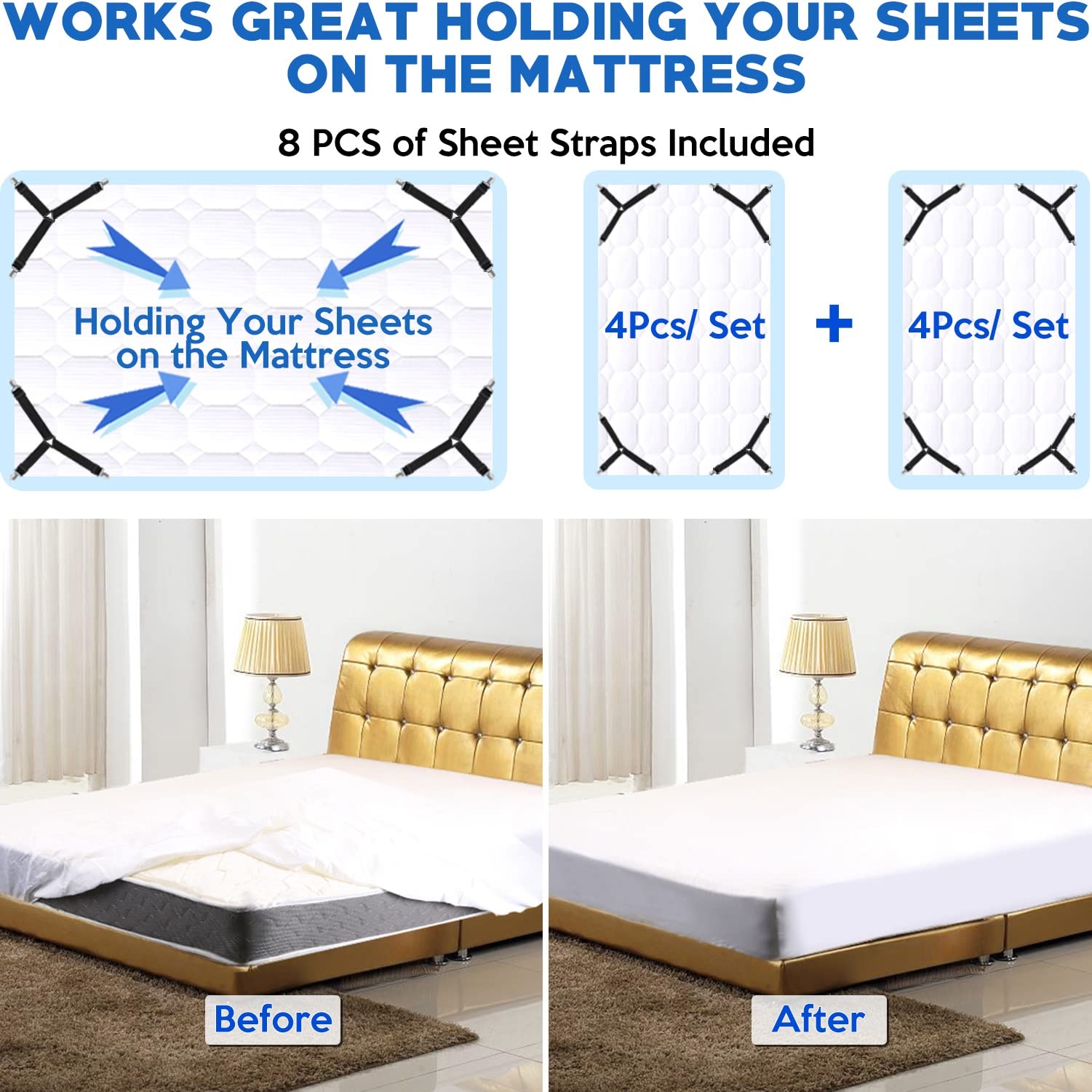 4PCS Premium Bed Sheet Straps - Extra Thickened & Sturdy Bed Sheet Holder Clips to Keep Fitted Sheets in Place - Perfect for Deep Pocket Mattress, Adjustable Beds & Guest Room Bedding - Ideal for Home, Hotel & Airbnb Use