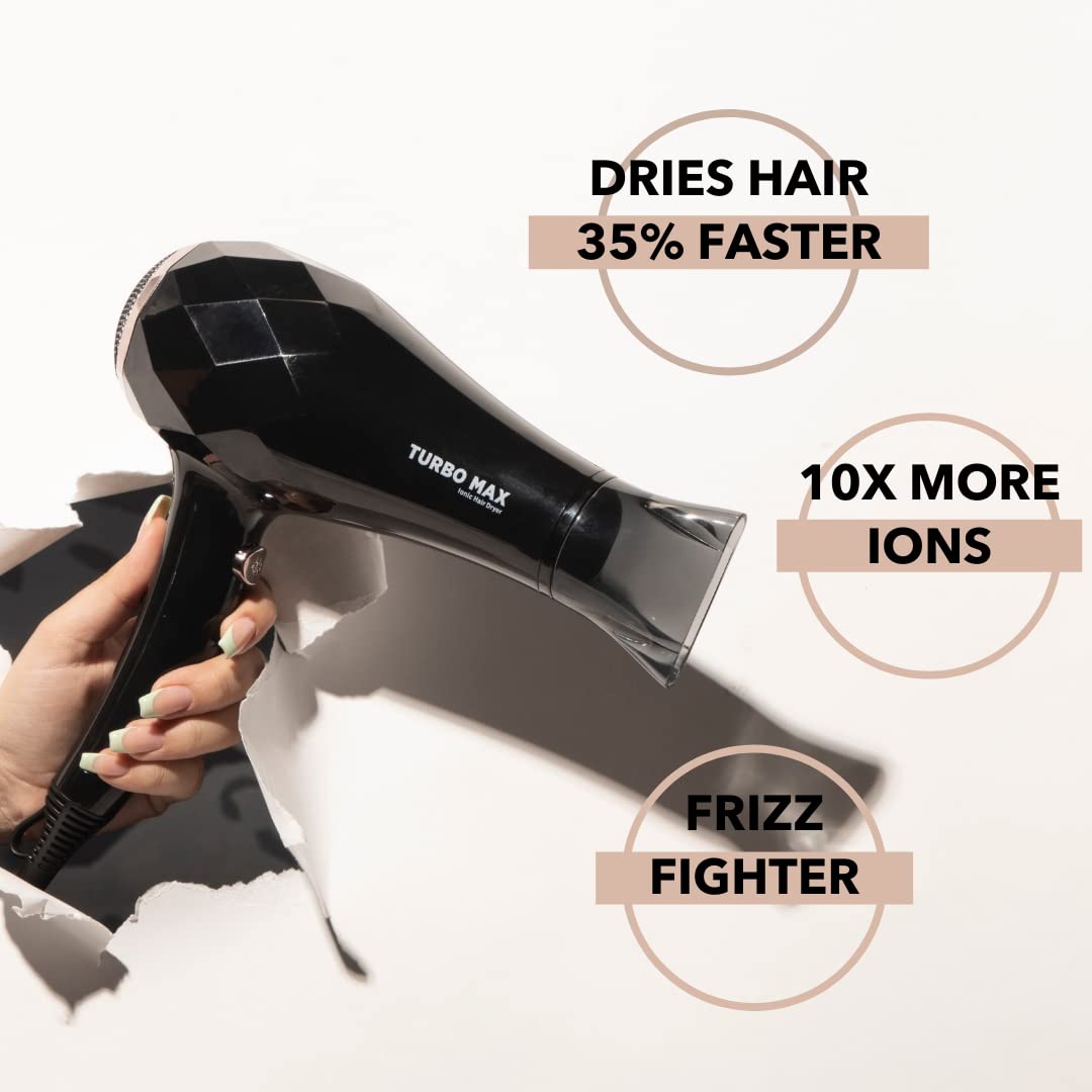 InStyler Turbo MAX Ionic Hair Dryer - Professional Blow Dryer for Fast Drying & Frizz Control - Perfect for Home, Salon & Travel Use