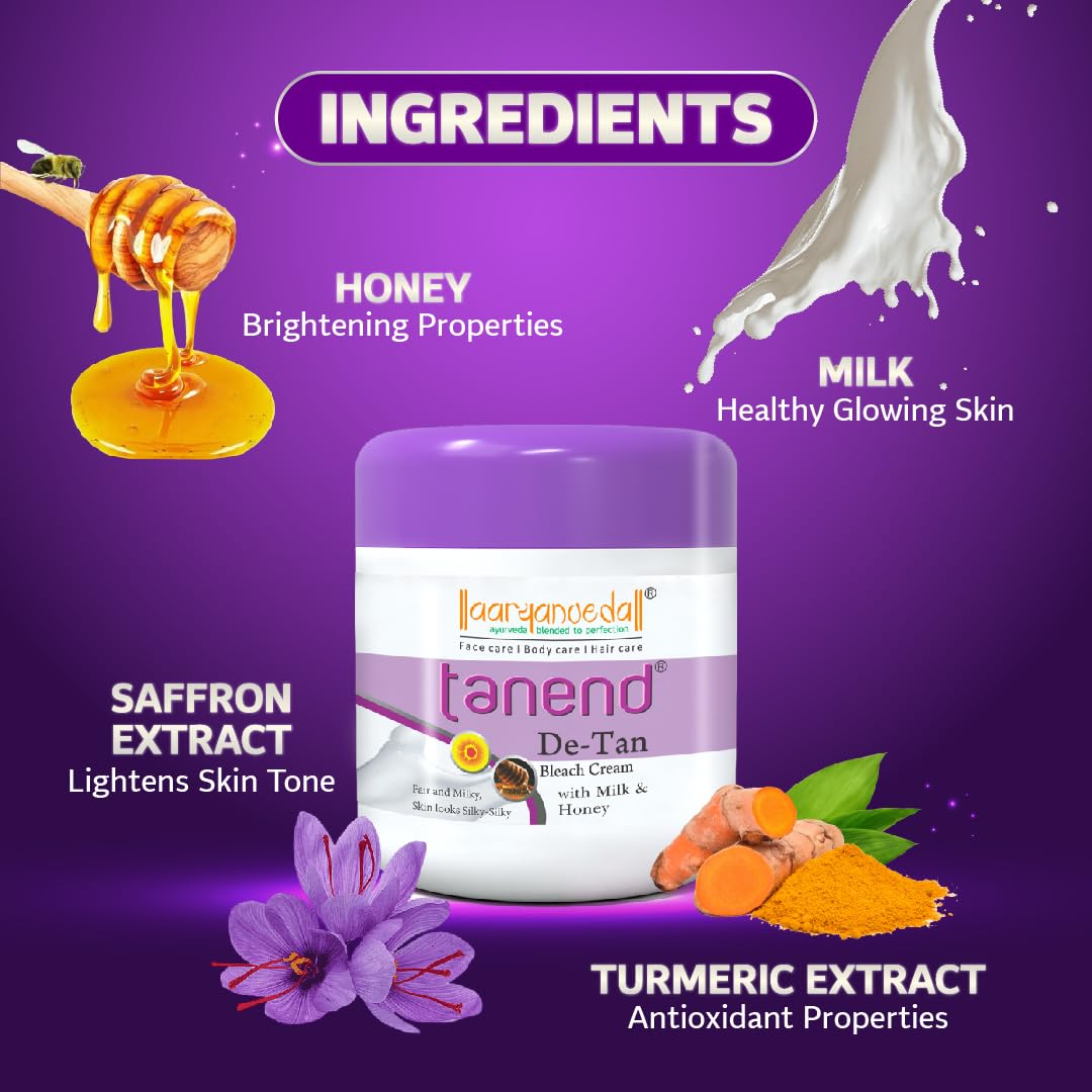 Aryanveda De-Tan Bleach Cream with Milk & Honey - Brightens Skin, Removes Sun Tan & Dark Spots, Tightens Pores for Smooth Glowing Skin - Face & Body Care for Men & Women (450g) - Perfect for Post-Sun Exposure & Daily Skin Brightening Routine