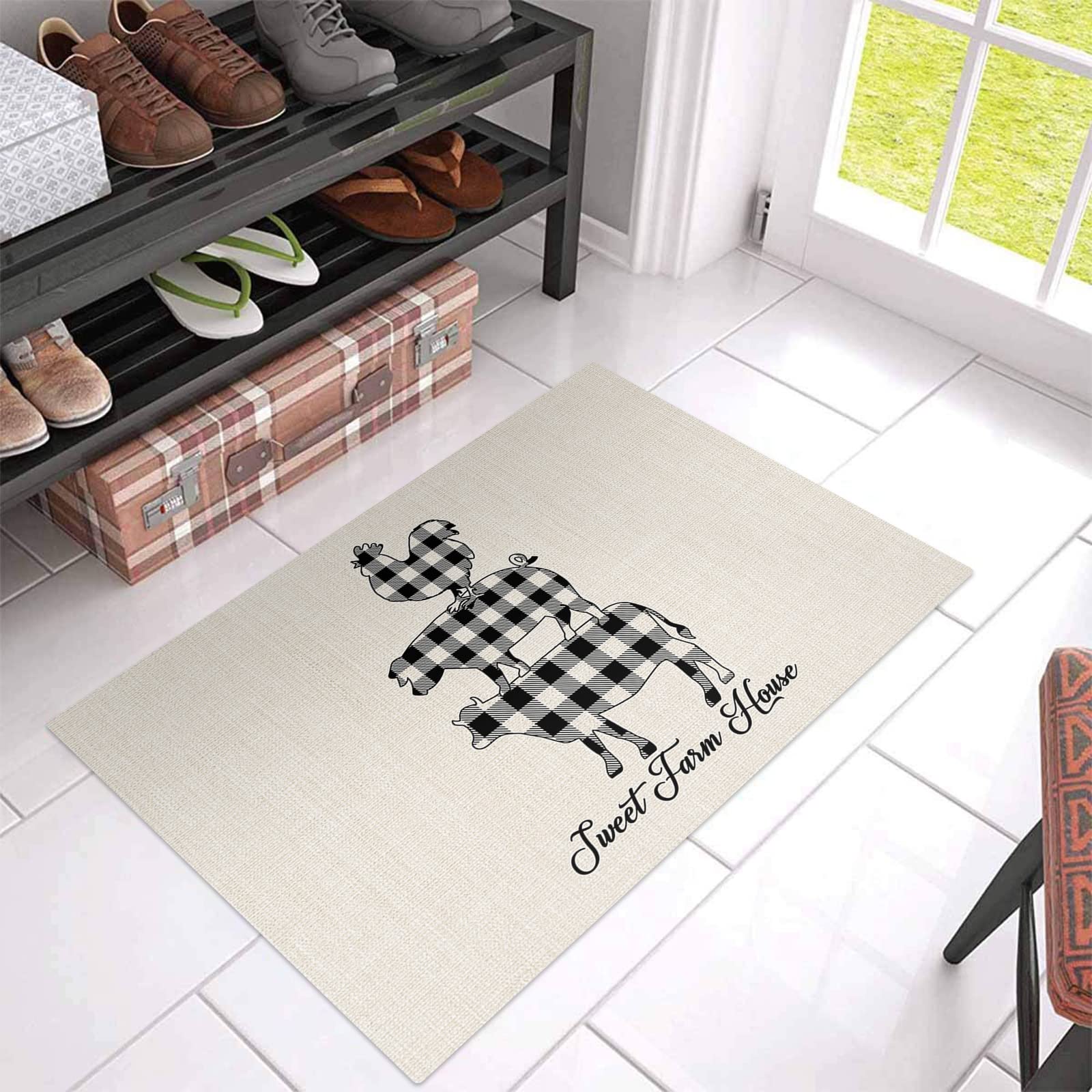 Vintage Farmhouse Black and White Plaid Cow Pig Chicken Doormat - Non-Slip Welcome Entrance Mat, Cotton Linen Bath Rug for Kitchen, Bedroom, Bathroom - Perfect for Farmhouse Decor, Country Home Entryway, and Cozy Kitchen Flooring