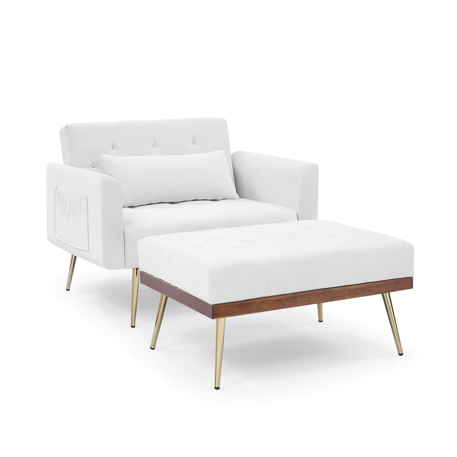 Modern Velvet Convertible Sofa Chair with Ottoman - Foldable Sleeper Recliner Couch Bed with Pillow & Metal Legs - Space Saving Furniture for Living Room, Bedroom, Apartment (White) - Perfect for Small Spaces, Guest Rooms & Studio Apartments
