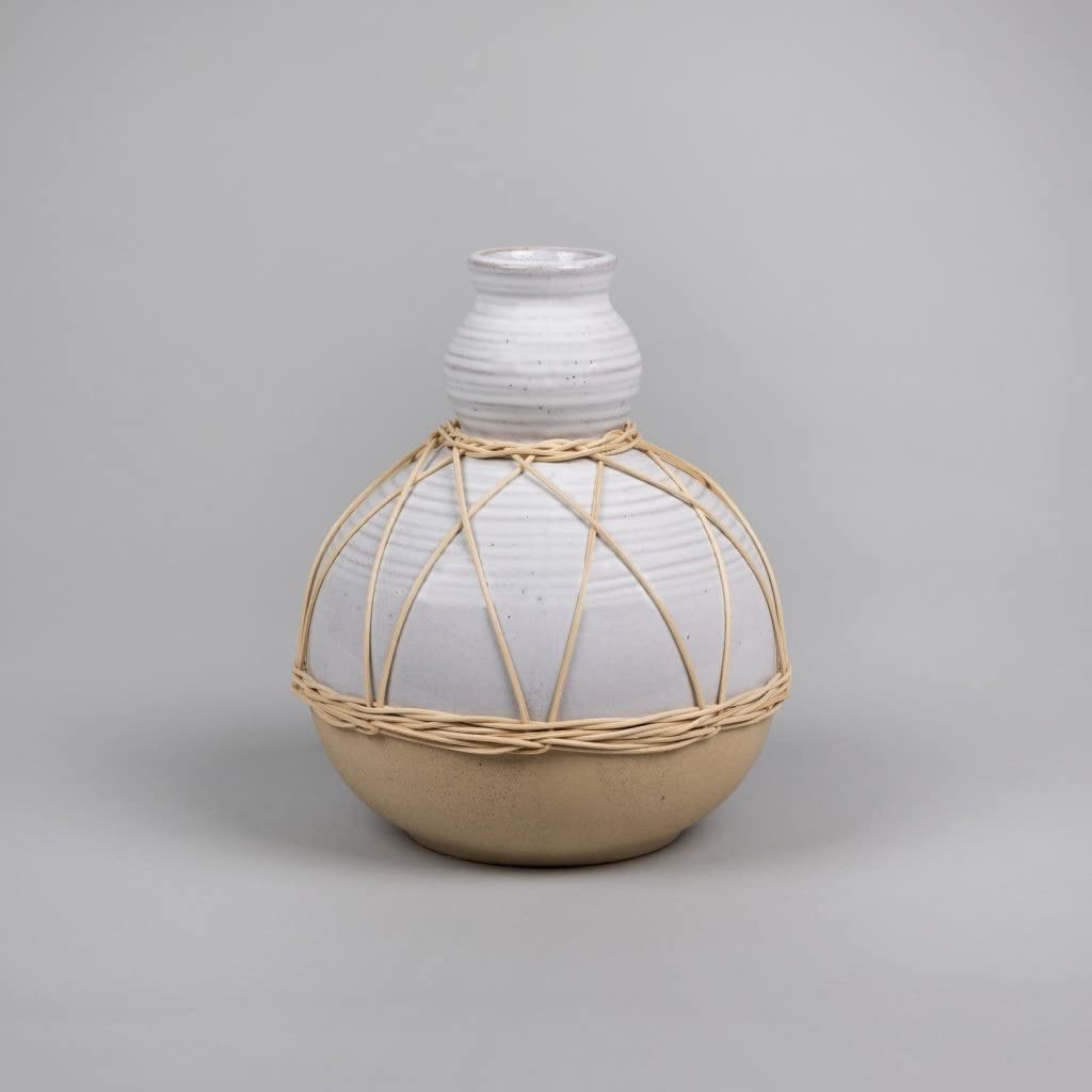 White Stone and Rattan Detail Wide Vase - Handmade Stoneware Ceramic Planter for Home Decor, Farmhouse Style Centerpiece for Dining Table, Living Room, or Wedding Decor