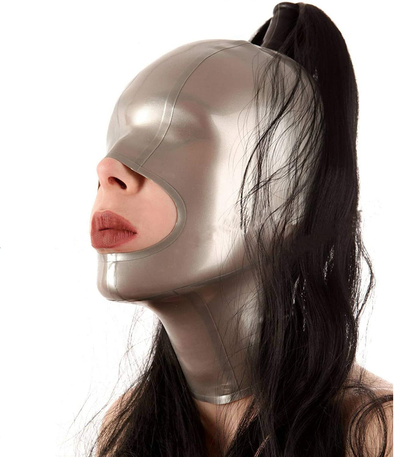 Latex Hood for Women - Open Nose & Chin Design with Ponytail Wig - Perfect for Cosplay, BDSM, and Halloween Parties - Breathable Latex Mask for Role Play and Costume Events