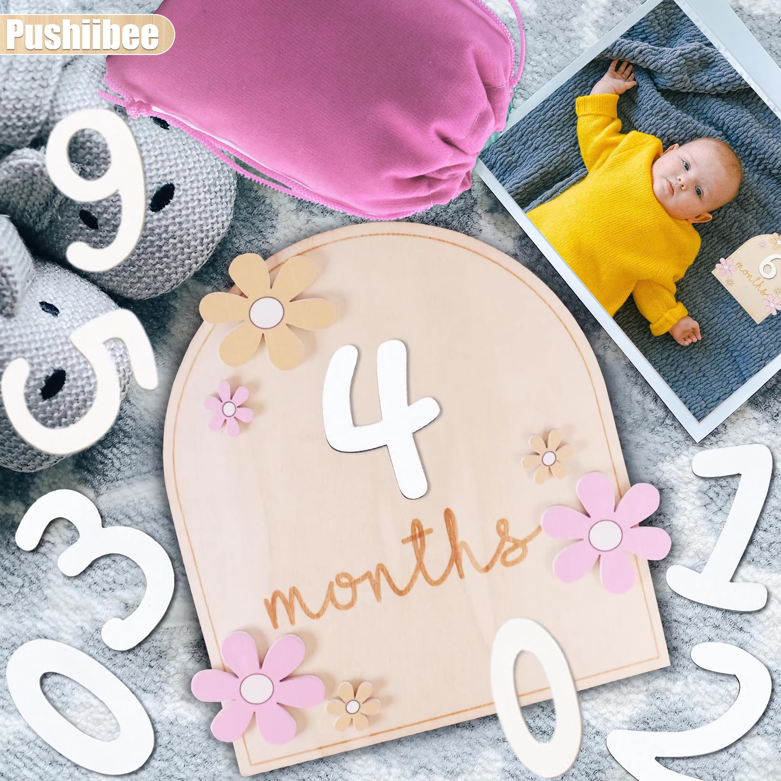 Wooden Baby Milestone Cards Set - 11 Monthly Number Signs with Cloth Bag for Newborn Photo Props | Perfect for Baby Showers, Birth Announcements & Monthly Growth Tracking
