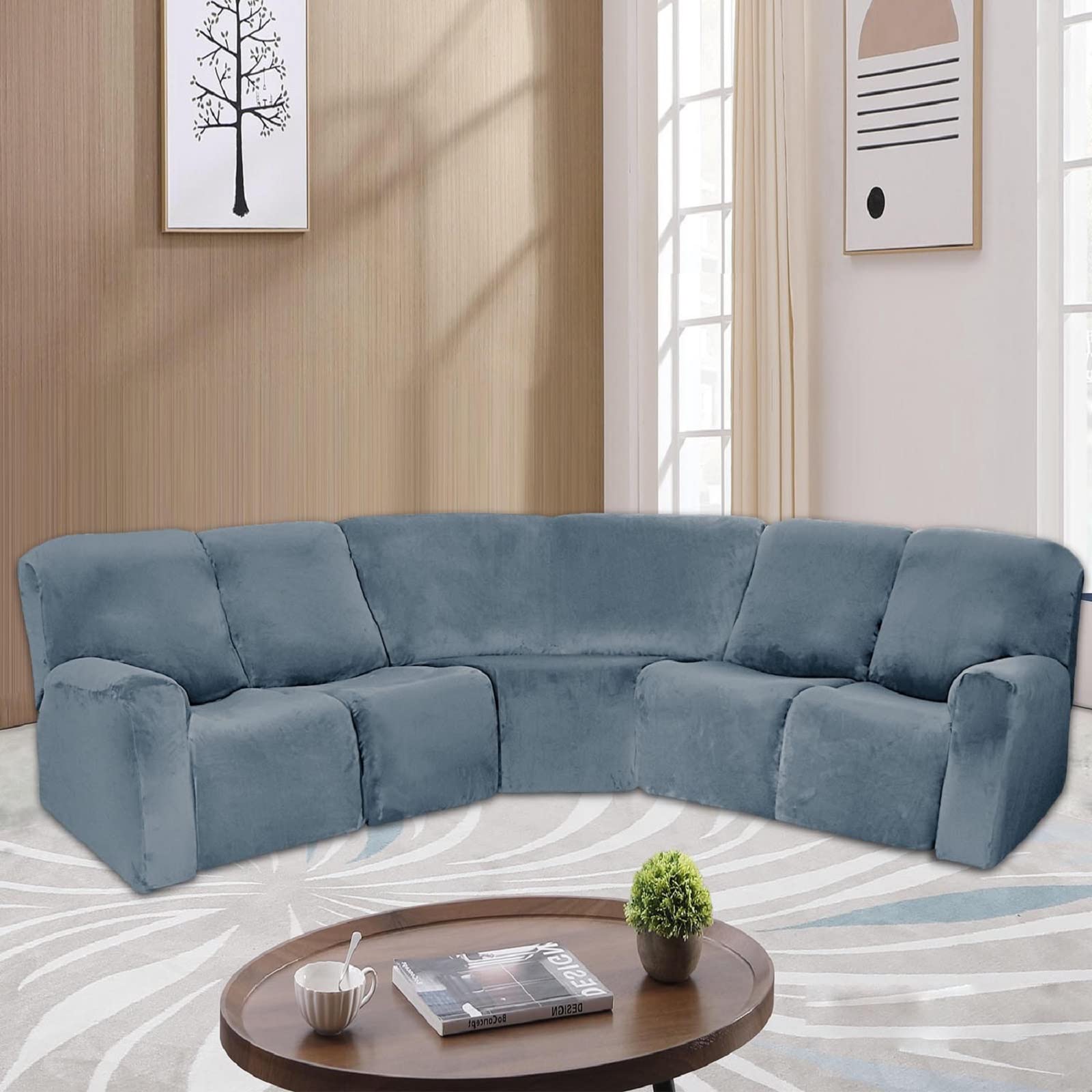 7-Piece Velvet Sectional Sofa Cover Set - High Elastic Recliner & L-Shape Couch Slipcover with Separate Cushions, Pet-Friendly for Dogs & Cats (Grey Blue) - Perfect for Living Room, Home Theater & Family Gatherings