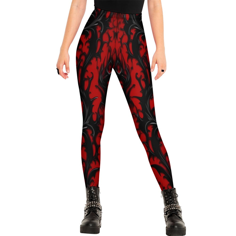 Gothic Red and Black Leggings for Women - Stretchy High Waist Yoga Pants - Perfect for Halloween, Cosplay, and Gothic Fashion