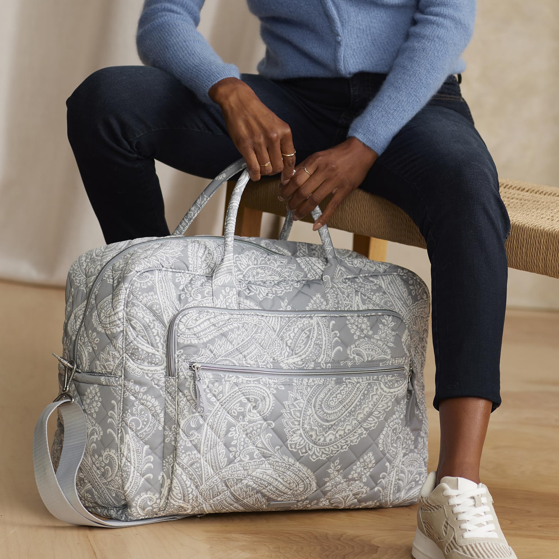 Vera Bradley Women's Performance Twill Grand Weekender Travel Bag - Lightweight Carry-On Luggage with Spacious Interior, Cloud Gray Paisley Design | Perfect for Weekend Getaways, Business Trips & Airplane Travel