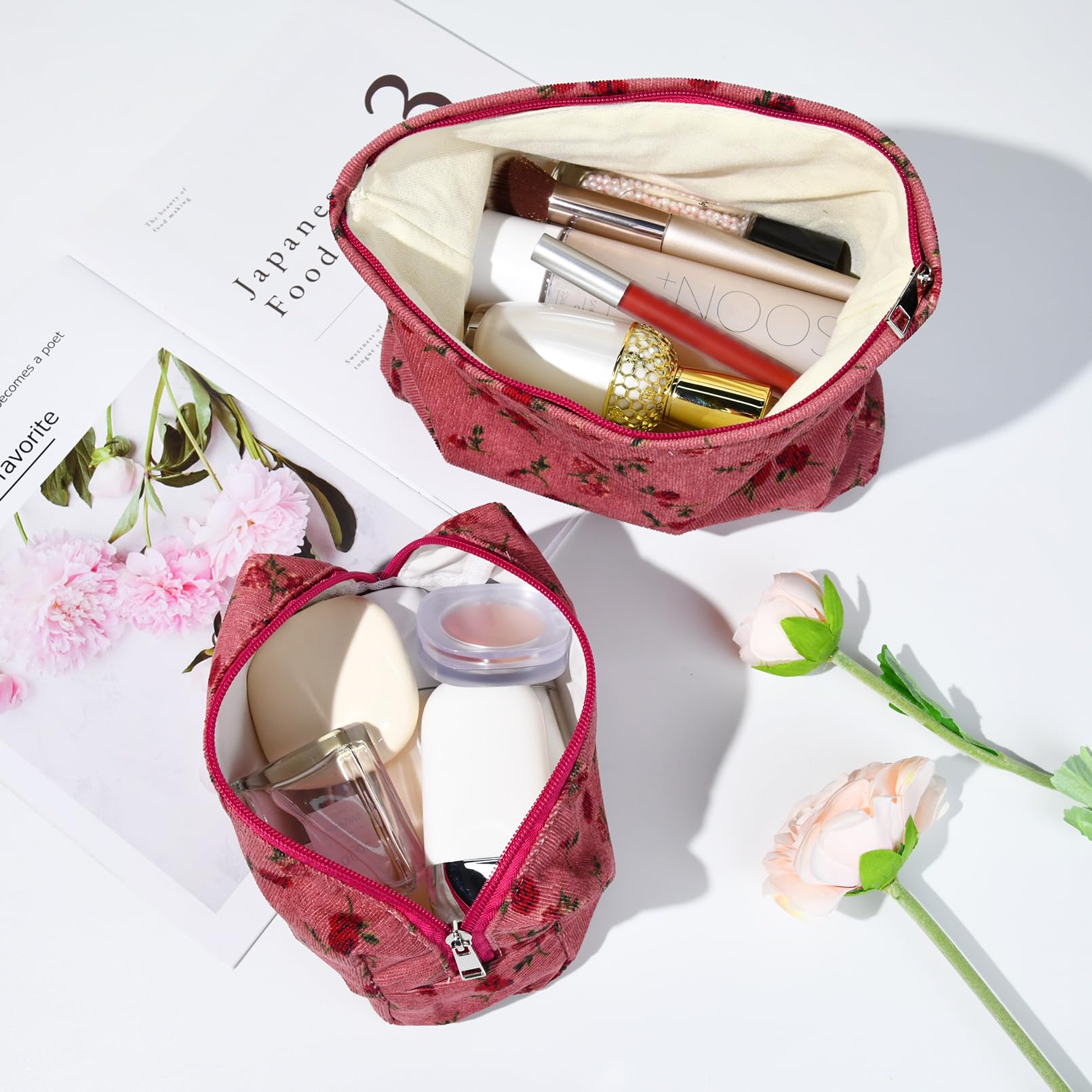 2 Pcs Rose Cosmetic Bag - Large Travel Toiletry Organizer for Women | Makeup Brushes Storage & Travel Essentials