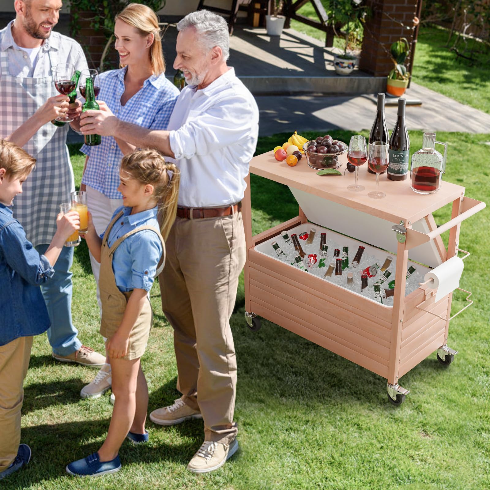 VINGLI 80 Quart Rolling Ice Chest Cooler with Wheels - Portable Cooler Table for Outdoor, Camping, Tailgating & Pool Parties - Includes Built-in Table, Beverage Storage & Bottle Opener - Perfect for BBQs, Beach Trips & Backyard Gatherings